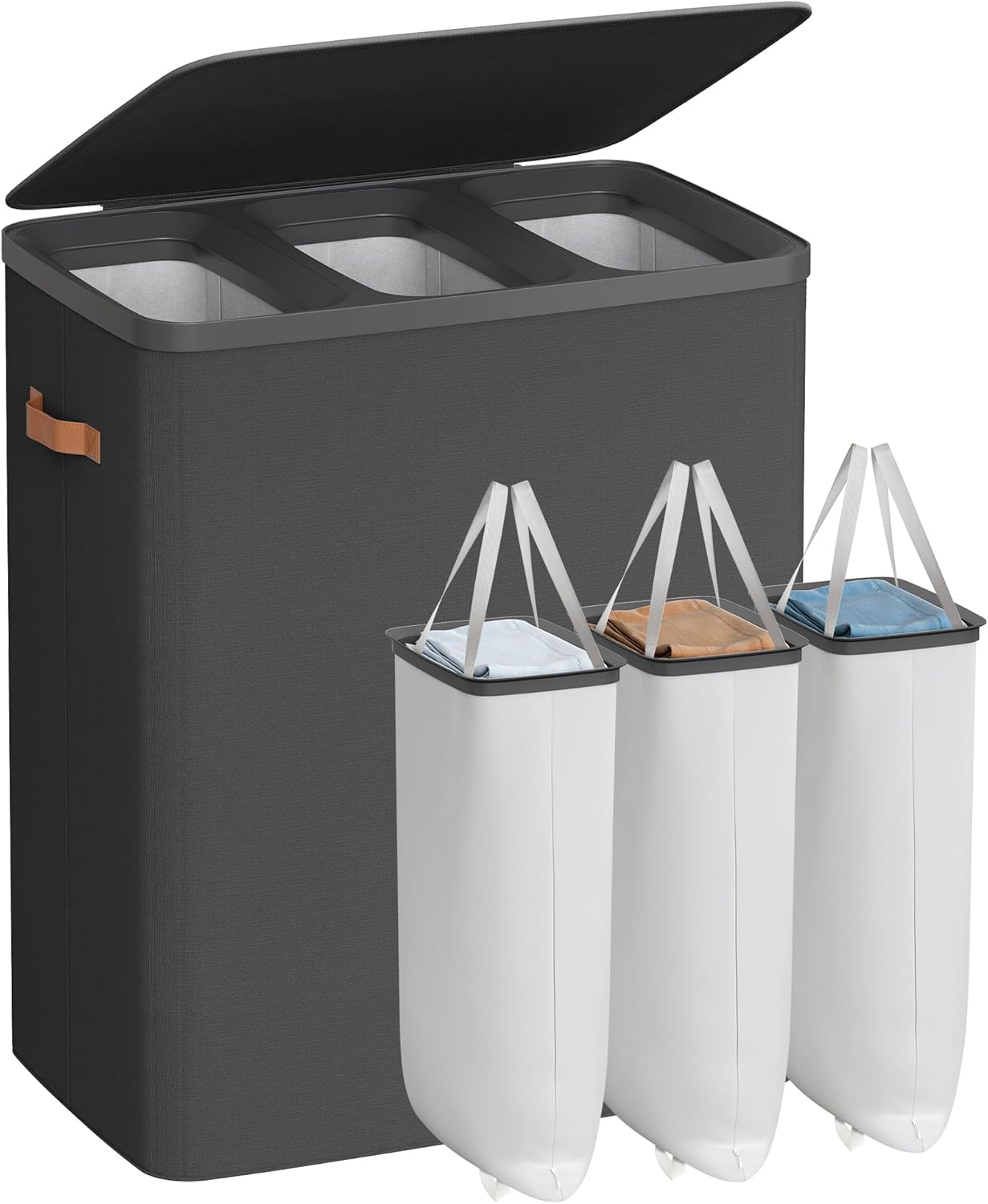 SONGMICS Laundry Basket, 50.2 Gal. Laundry Hamper, 3 Compartments, Easy Assembly, with Lid and Handles, Removable Liners, 25.2 x 15.7 x 29.5 Inches, Ink Black ULCB814BH01