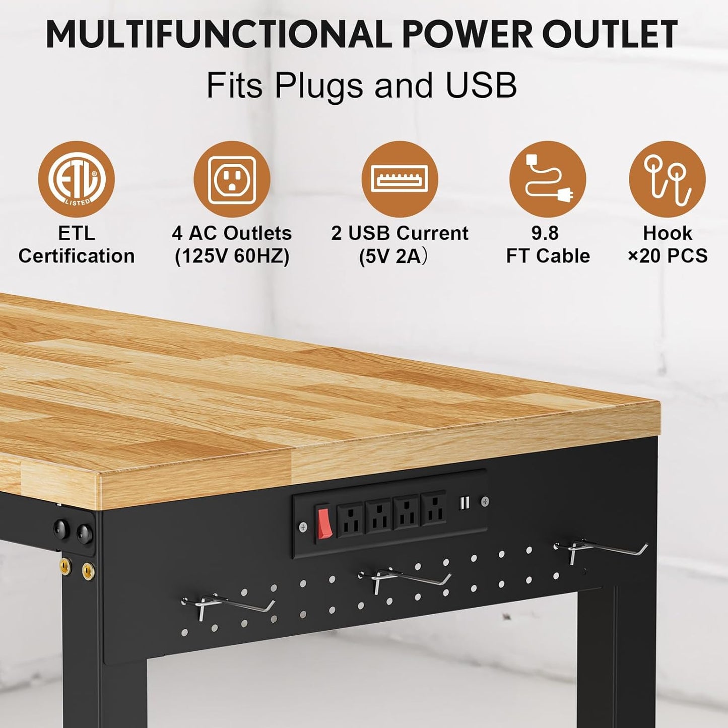 96”L-Shaped Heavy Duty Work Bench, Heights Adjustable Workbench, 5000 LBS Load Capacity, Work Benches for Garage with Power Outlet & Pegboard, Rubber Wood Work Table for Office, Workshop, Home