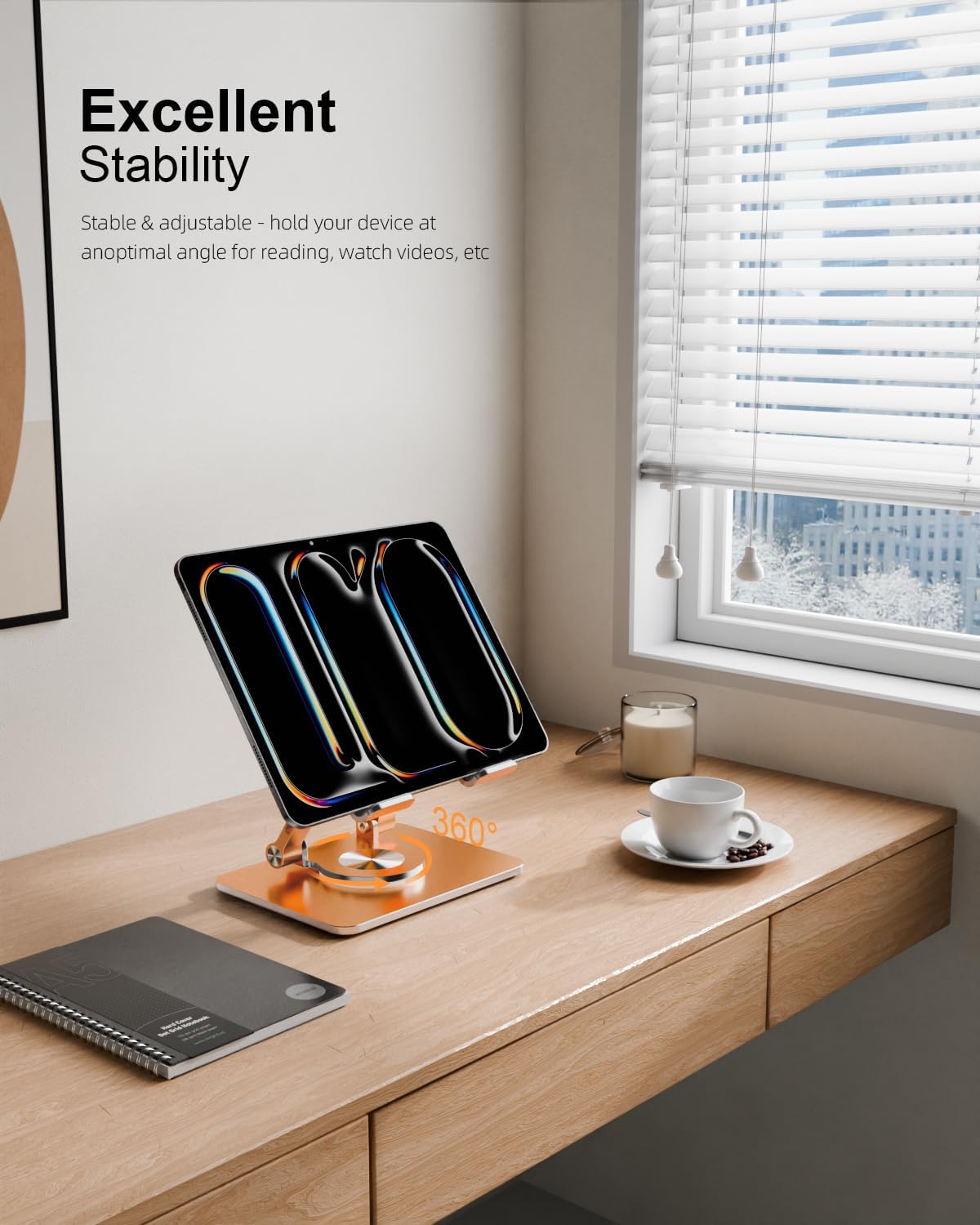 Tablet Stand Holder with Thickened 360°Rotating Base Dual Rod Adjustable Aluminum Stand for All 5.8-12.9” iPad Samsung Phone Tablet Kindle E-Reader and More, Rose