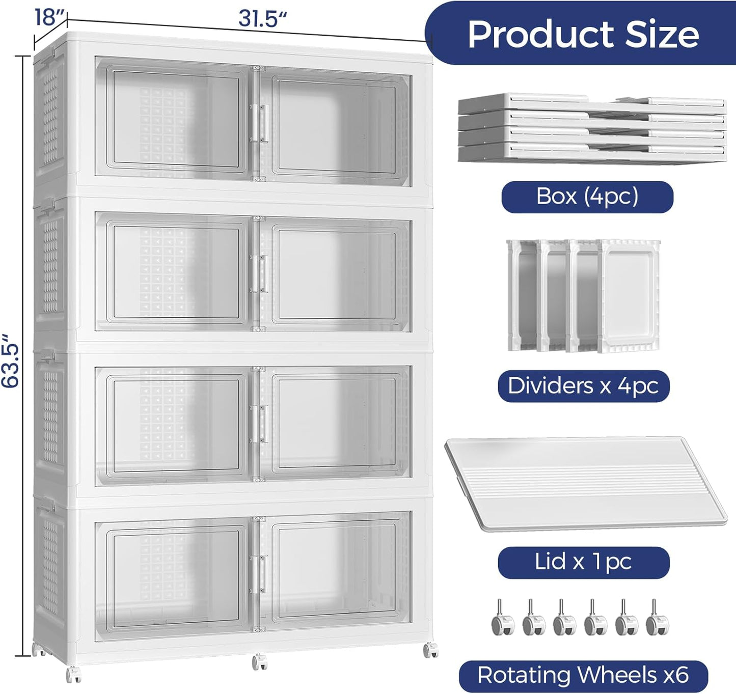 200GAL Extra Large Storage Bins with Lid, 800Qt Stackable Closet Organizers and Drawers, Collapsible Storage Bins with Wheels, Folding Containers for Home, Kitchen Office, 4Pack White