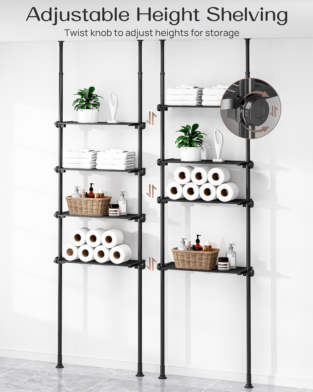 ALLZONE Adjustable Over The Toilet Storage Shelf, 4-Tier Ample Over Toilet Bathroom Organizer and Storage,Tension Mounted Above Toilet Storage Cabinet for Versatility, Fits 64-113 Inch Heights, Black