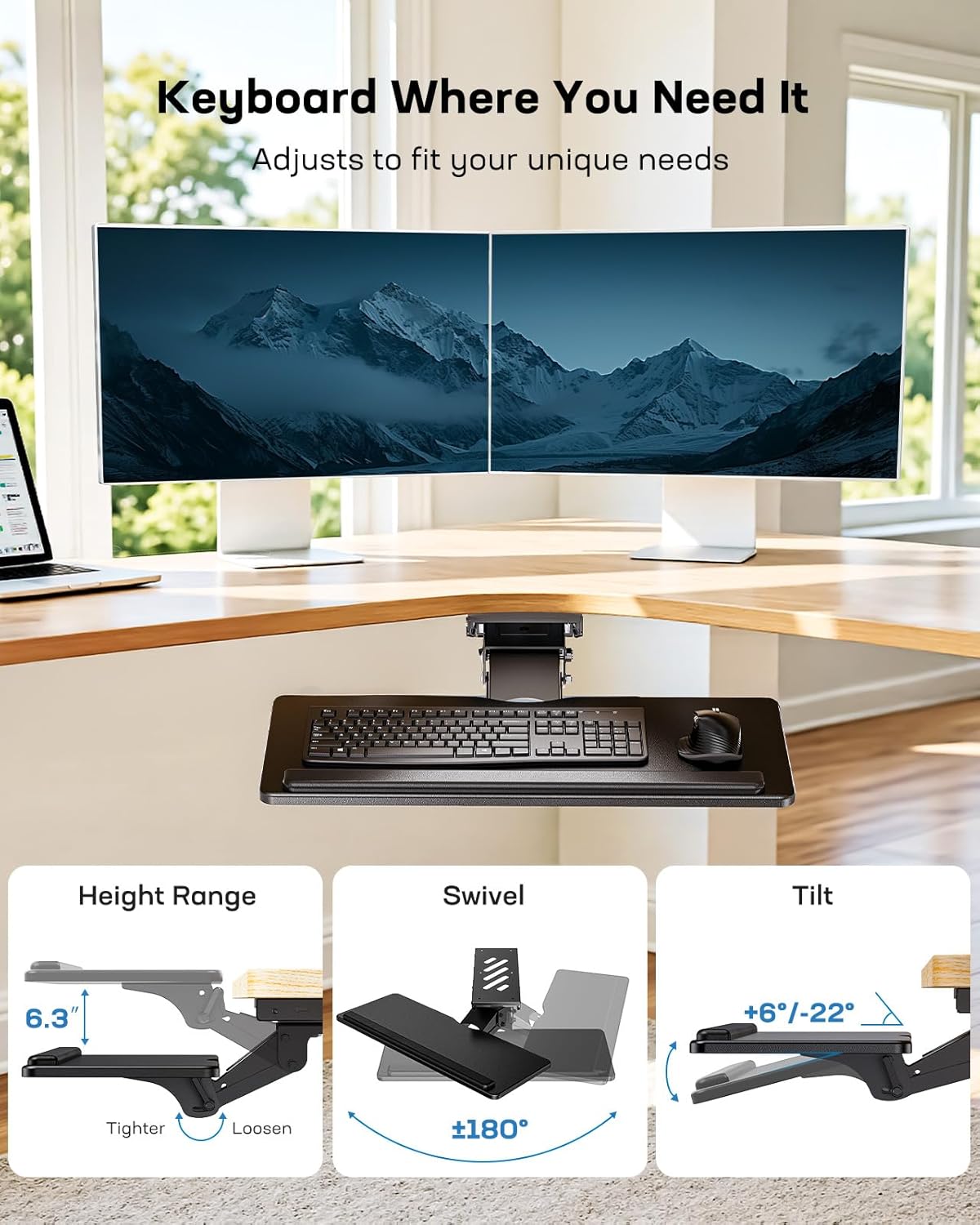 HUANUO Keyboard Tray Under Desk, Adjustable Ergonomic Keyboard & Mouse Tray, Flat Bottom Or Cross Beam Installation, Smooth Sliding Keyboard Holder for Typing in Home Office, Easy Setup, 25″W x 9.84″D