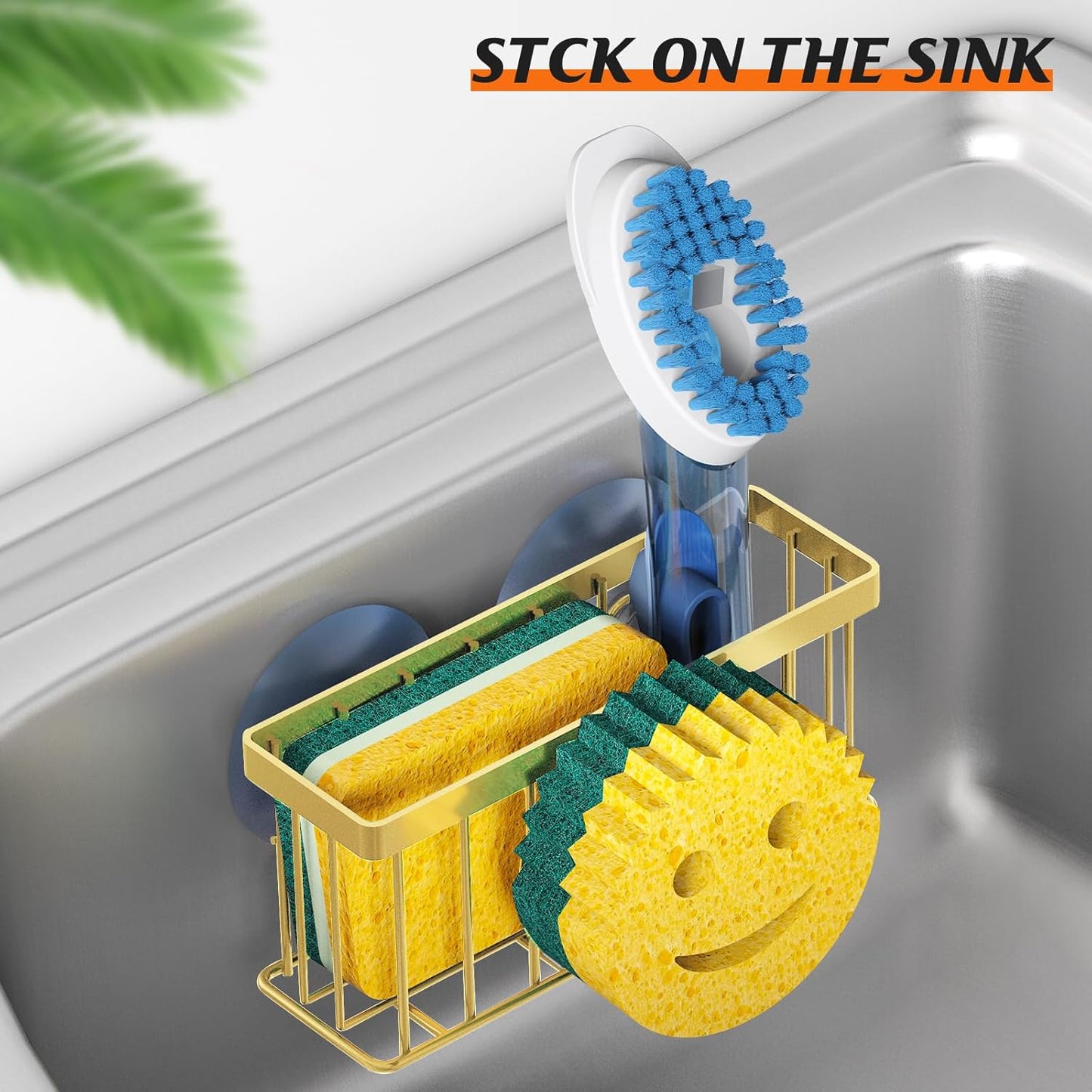 Sponge Holder Smiley Face, Sink Caddy for kitchen Sink, Kitchen Organizer Sponge Holder with 2 PCS Suction Cups/1 PCS Adhesive Strips, Designed for Sponge, Soap, Dish brush, Scrubber-Gold
