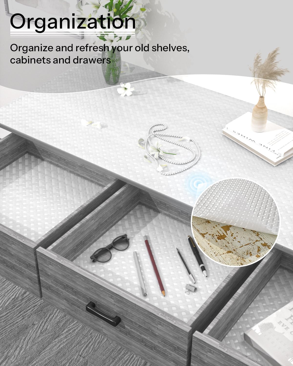 Shelf and Drawer Liner for Kitchen Cabinet, Non-Adhesive 24in x 360in Waterproof Contact Paper Refrigerator Liners Thickened Durable EVA Material Non Slip Mat for Dresser Cupboard Pantry Protector