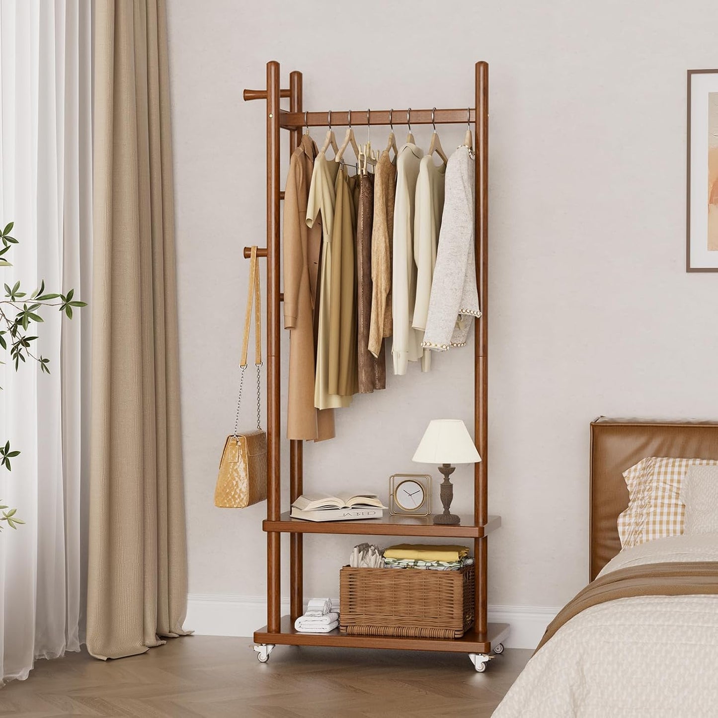 Coat Rack Freestanding Clothing Rack with Wheels, Coat Tree Freestanding Heavy Duty with 2 Storage Shelves and 5 Hooks, Wood Garment Rack for Corner Bedroom Hallway Entryway Living Room Hotel