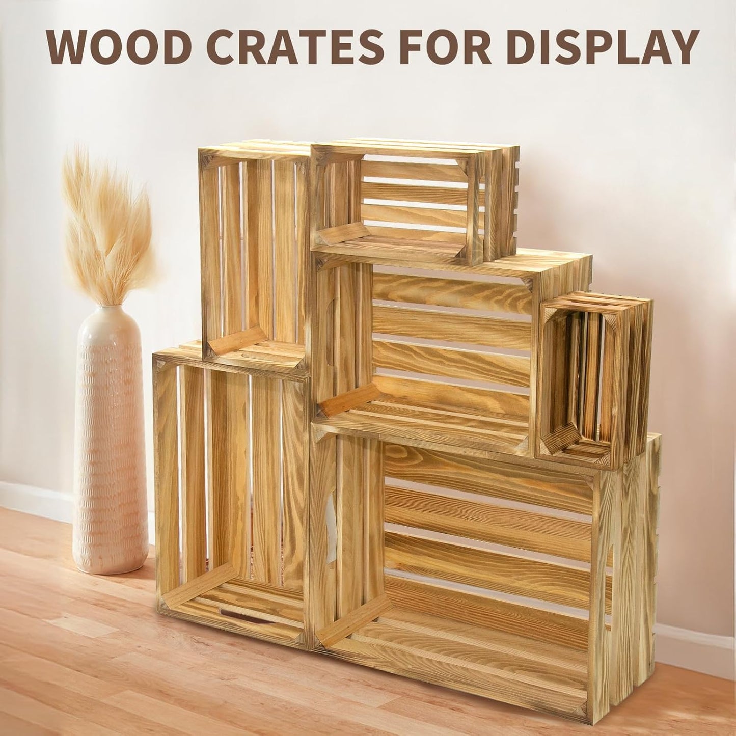 Extra Large 6 Pcs Decorative Wood Crates for Display, Farmhouse Wooden Basket for Storage Container and Decorations, Rustic Nesting Crates Decor Boxes with Handle