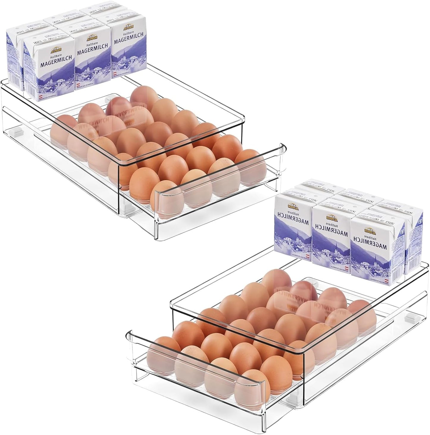 vacane 24 Capacity Egg Holder for Refrigerator, Egg Drawer for Fridge Pull Out Egg Storage Container with Non-Slip Pads Clear Egg Tray Egg Organizer - 2 Pack