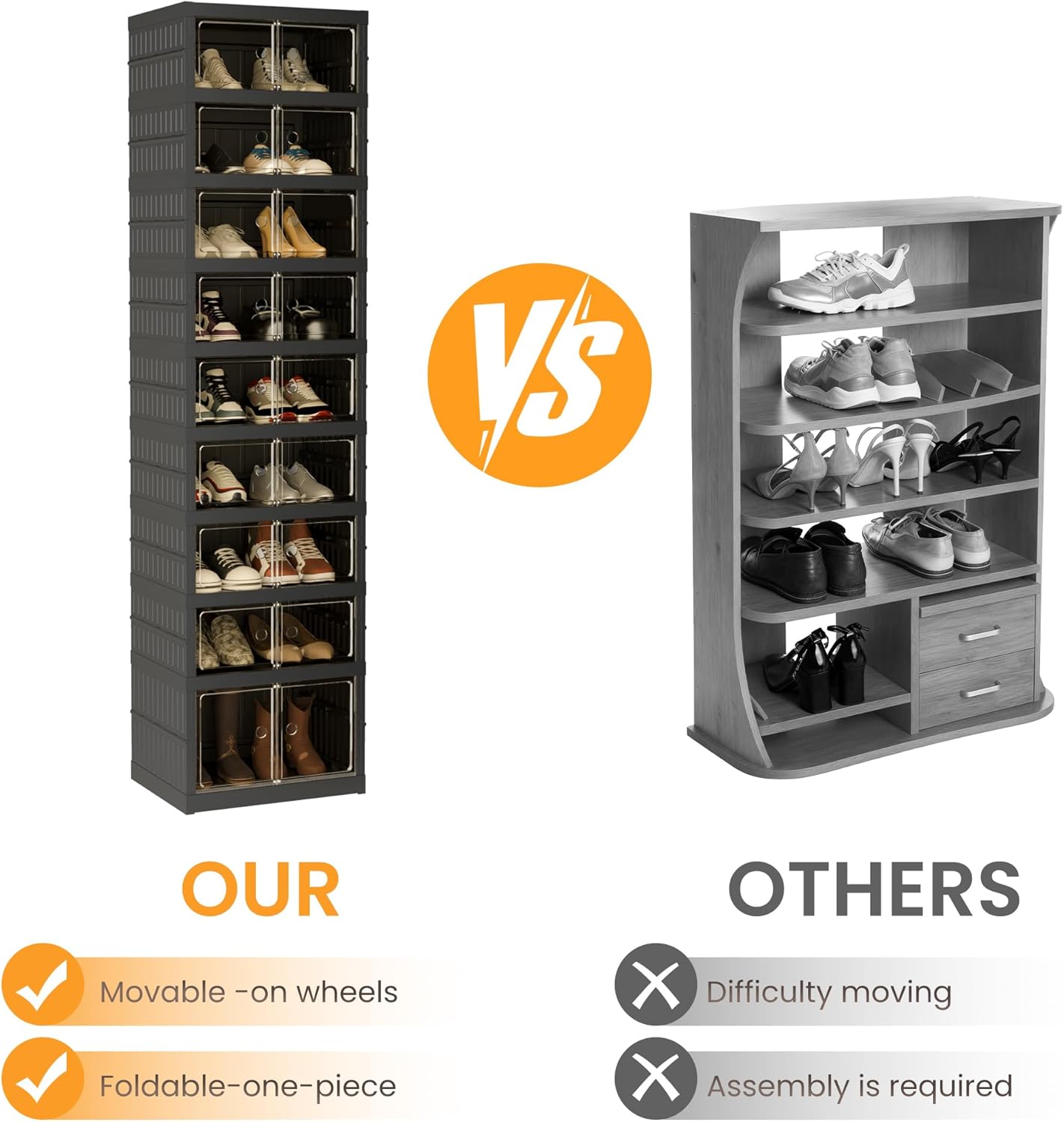 Foldable Shoe Organizer Storage Box Set of 2, Portable Extra Large Folding Shoe Rack for Closet, Shoe Storage Box with Magnetic Transparent Door and Wheels, 9 Layers 18 Grids with 2 Big Grids
