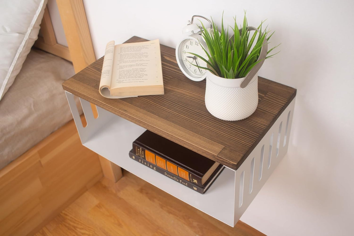 Floating Nightstand with White Metal Base, Wooden Top and Sturdy Metal Base, Minimalist Bedside Table, Wall Mounted Shelf, Bedside Shelf (Vancouver)