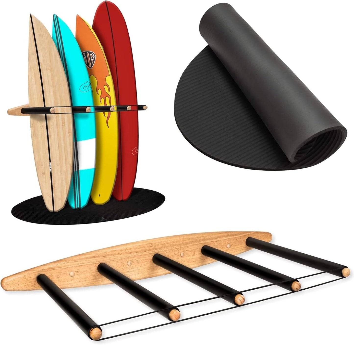 Hang 11 Vertical Surfboard Rack - Surf Racks for Wall, Sustainable Hardwood Surf Board Holder with Rubber Mat, Surfboard Wall Mount, Paddle Board & SUP Garage Storage (5 arms / 4-5 boards)