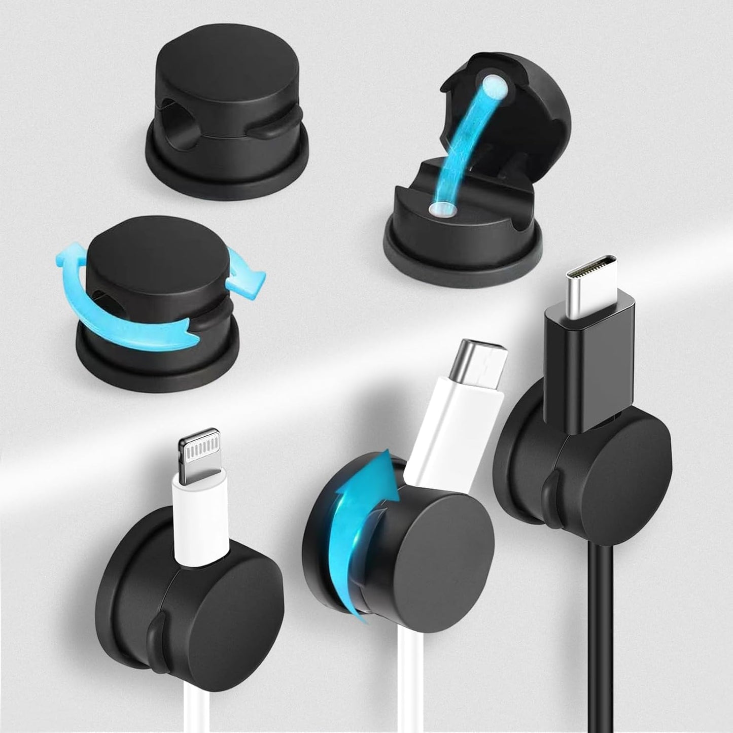 6pcs Magnetic Cord Organizer, 360° Swiveling Adhesive Cable Clips - Compact Cord Holder for Nightstand, Desk, Car, Kitchen & Home Office - Charger Holder Management Solution by MarLigavid (Black)