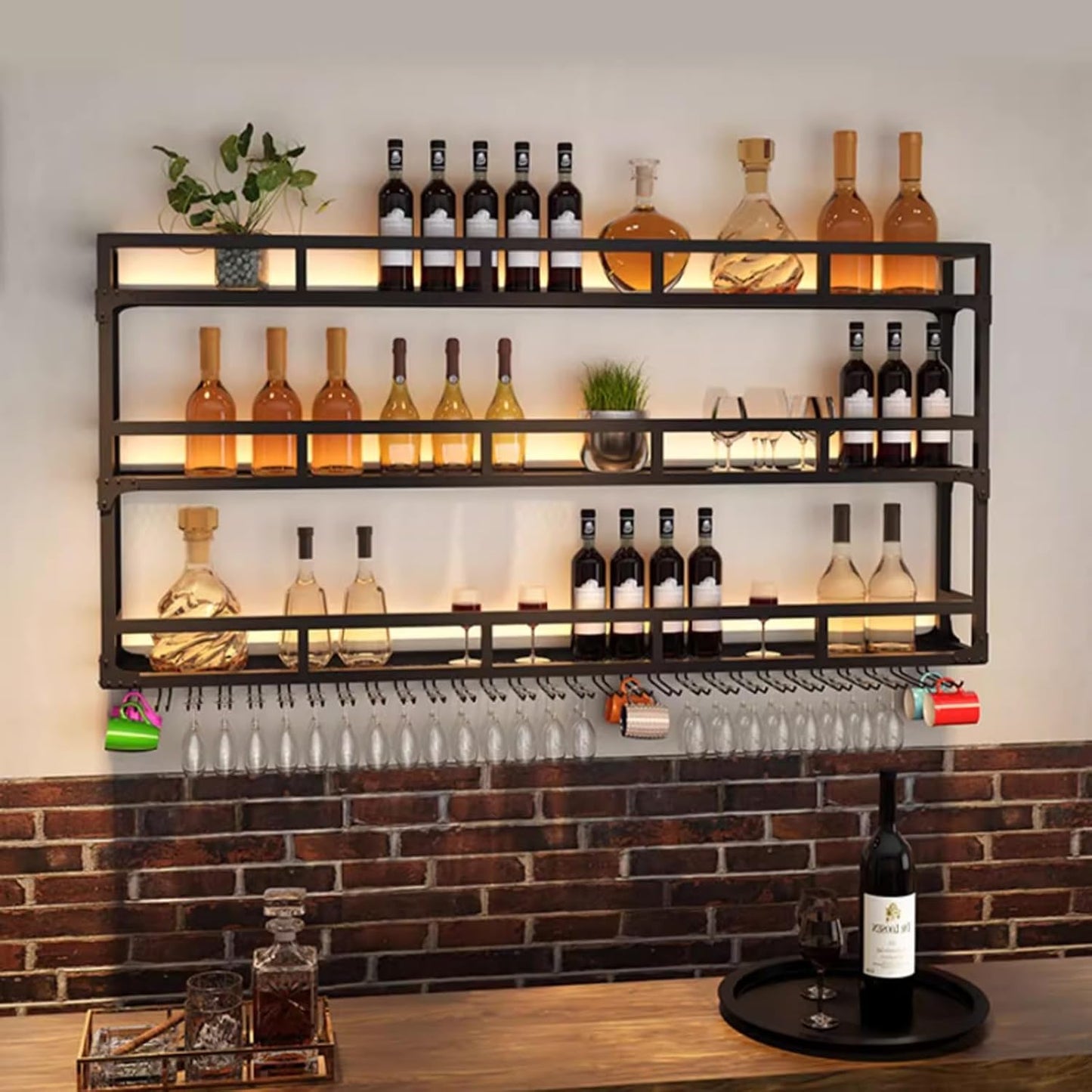 Wall Mounted Wine Rack, Wine Rack Wall Mounted with Wine Glass Rack, Metal Bar Bottle Display Shelf Wine Cups Hanging Holder, for Home Bar Cafe Dining Room Decoration (BLACK, 39.1*10*35.5IN)