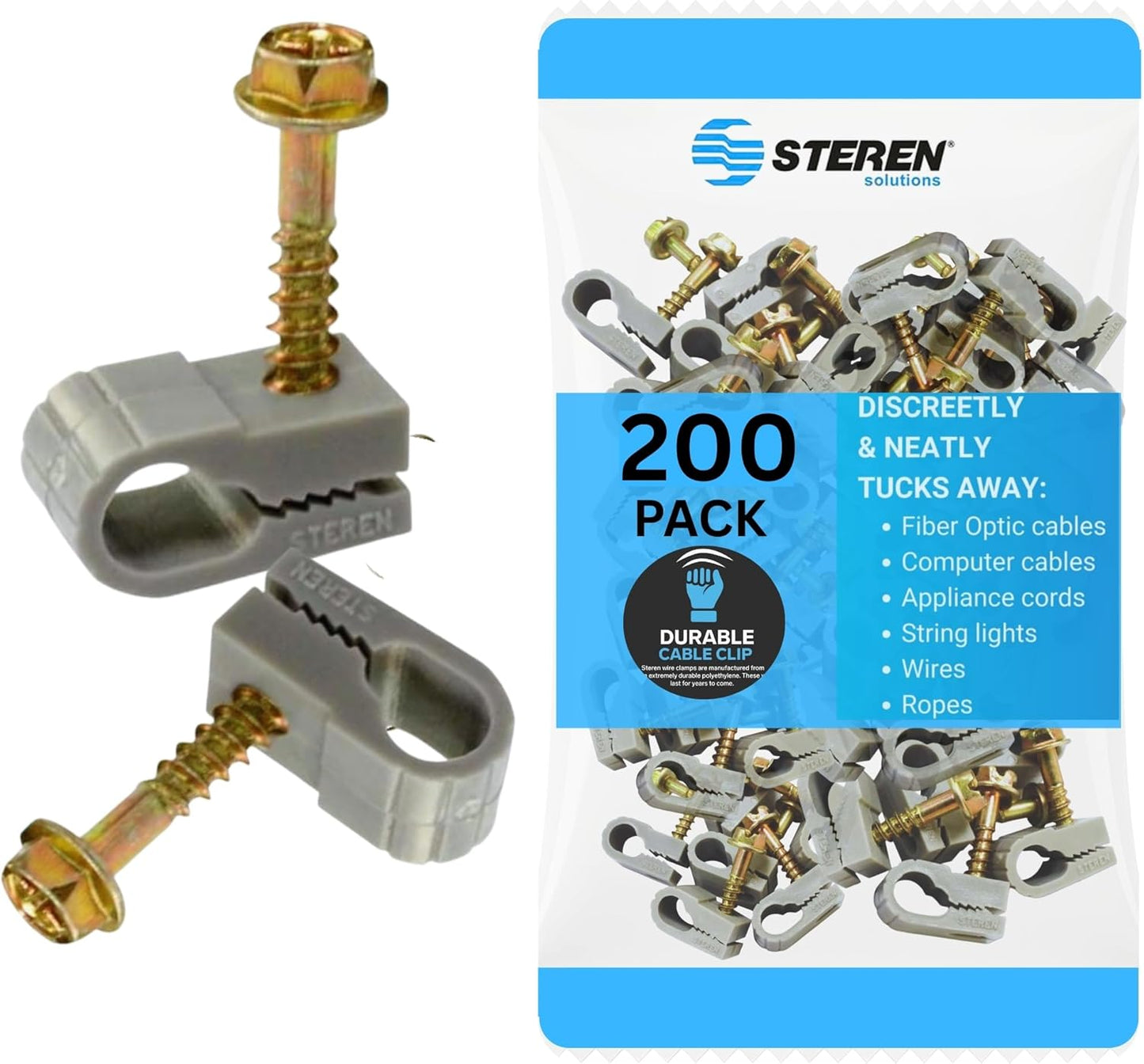 STEREN Coaxial Cable Clips - Cable Holder - Wire Clips - Siding Clips for Hanging - Cord Holder for Desk - Cable Clamps (Gray, 200 Count - Single Screw)