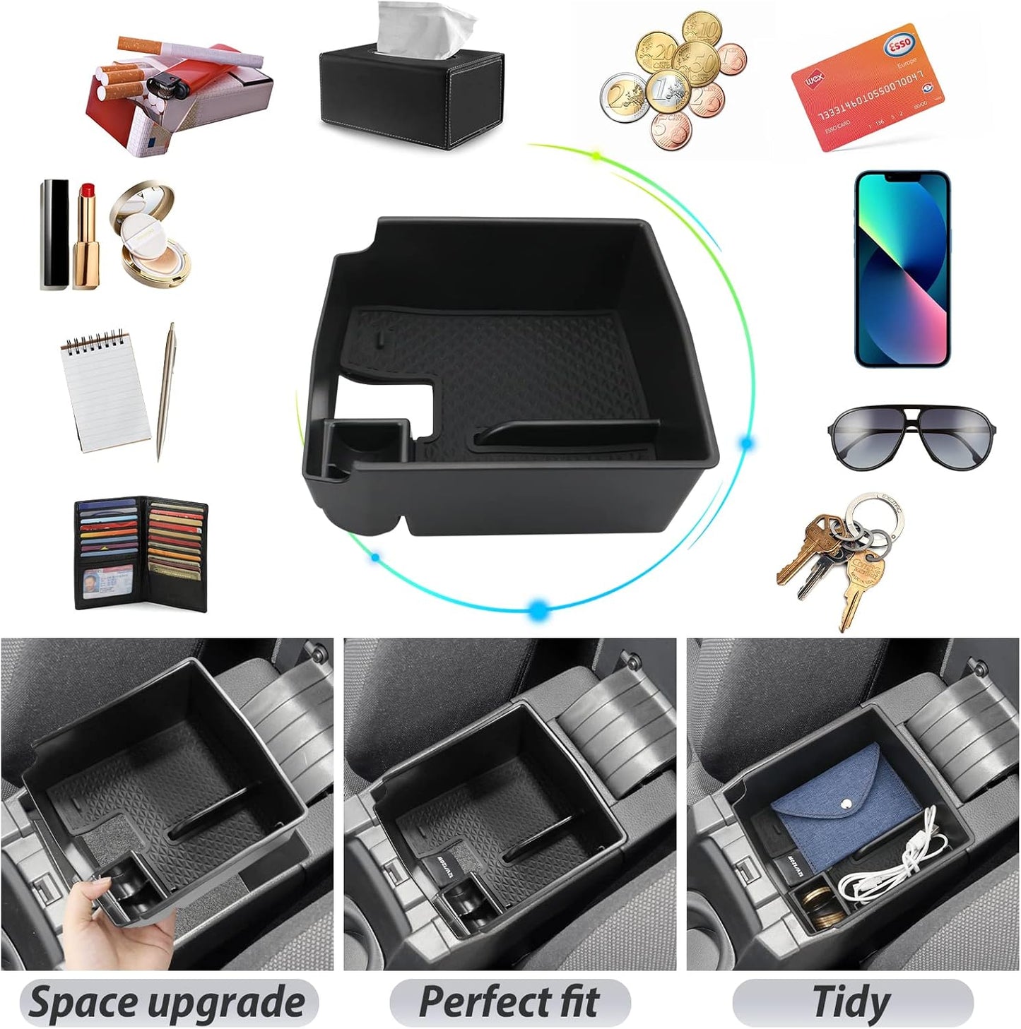 SKTU 2022 2023 2024 2025 2026 Toyota Corolla Center Console Organizer 2020-2025 2026 Corolla E210 Console Tray 2024 2025 2026 Corolla Accessories Insert Tray with USB Hole and Coin Holder (Black)