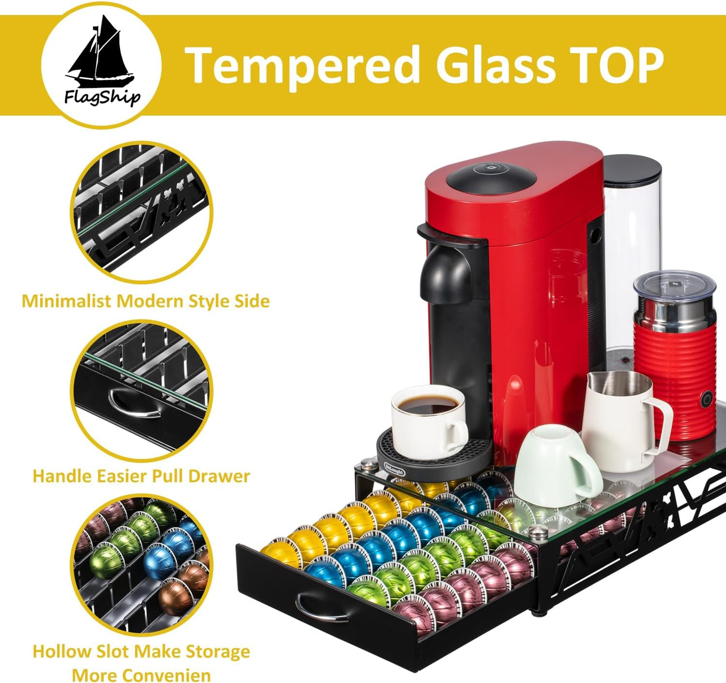 FlagShip Vertuo Pod Holder- Modern Glass Top Coffee Capsule Organizer & Space-Saving Pod Storage for Coffee Machines, Generous 40 Vertuo Pods Capacity