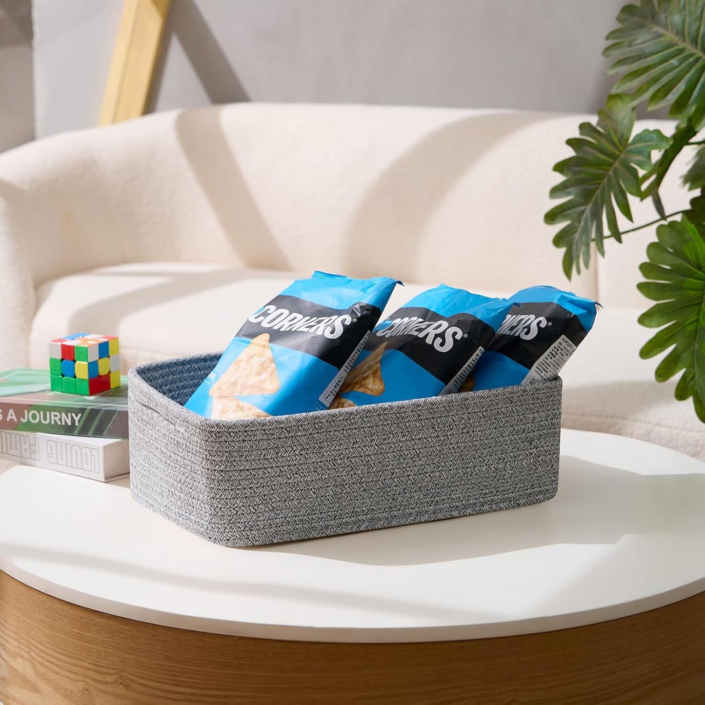 Large Shallow Organizing Baskets 15x11x5.1 Inches - Rope Woven Storage Bins for Bathroom, Shelves, Cube Closet, Mixed Grey 3 Packs