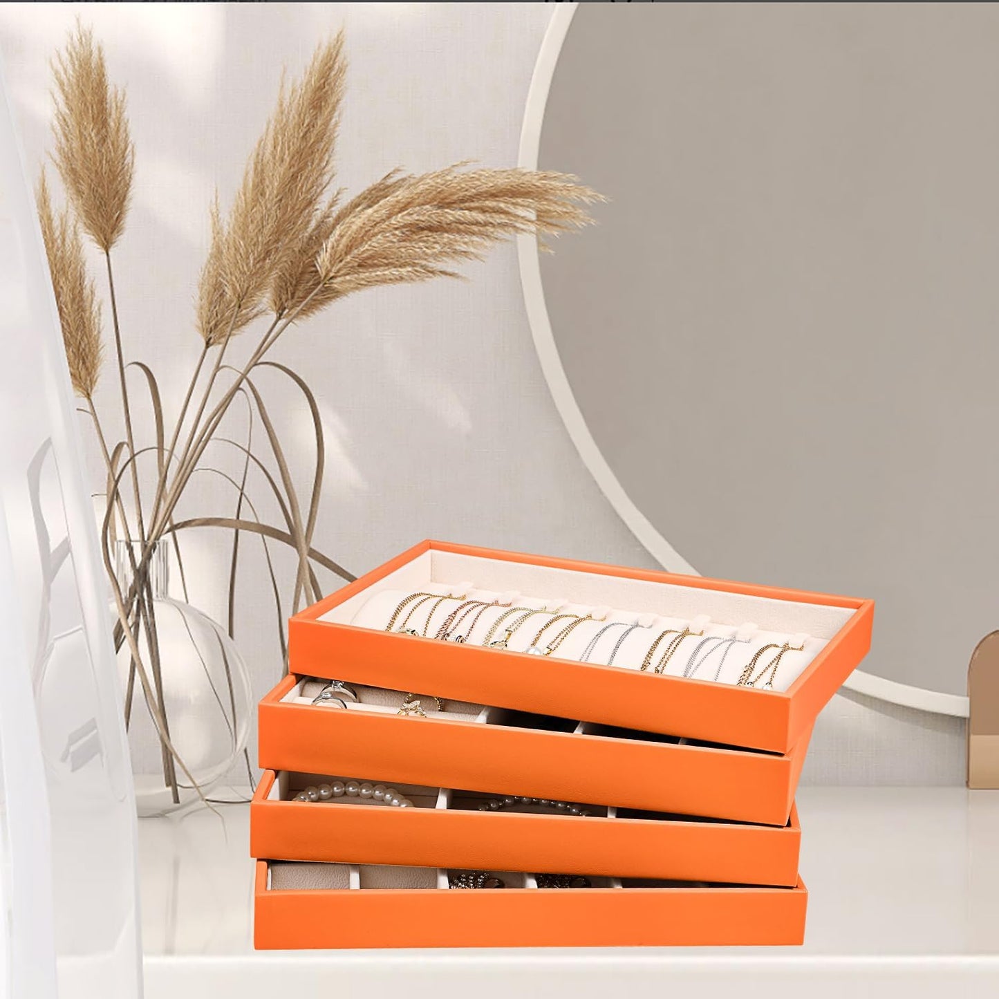 LANDICI Stackable Jewelry Organizer Trays 4 Set,PU Leather Jewelry Organizer Drawer,Jewelry Storage Display Tray for Earring Necklace Rings Bracelet with Removable Dividers,Orange