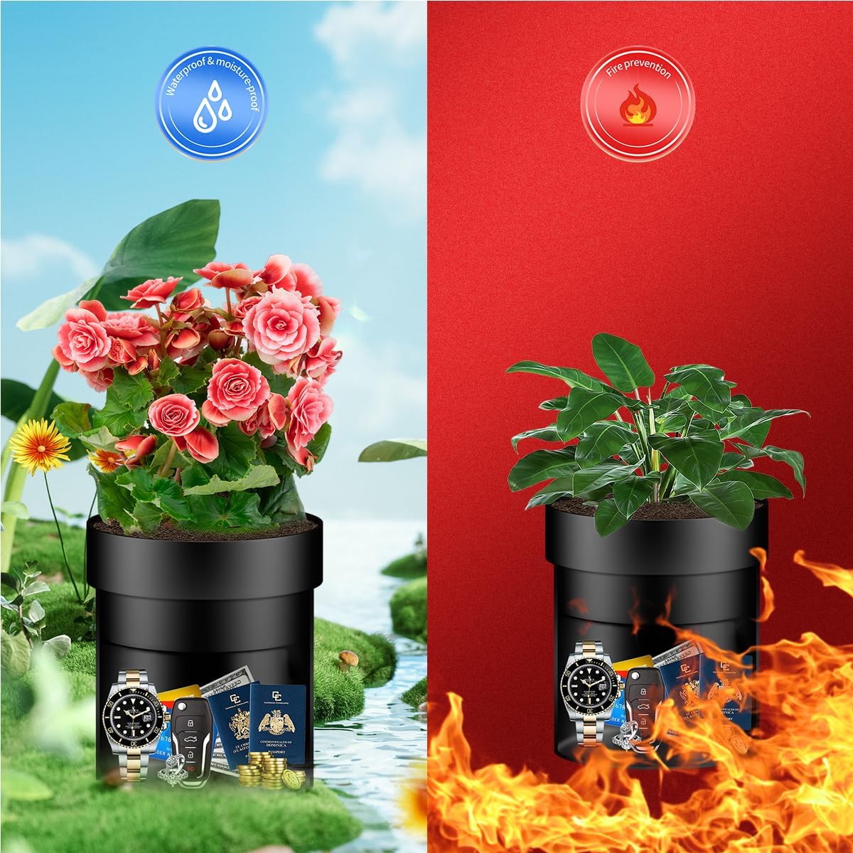Sdstone 2pack Flower Pot Diversion Safe with Key Lock,Stainless Steel Secret Hidden Safe Lock Box,Disguised safe (Black) Plants Not Include