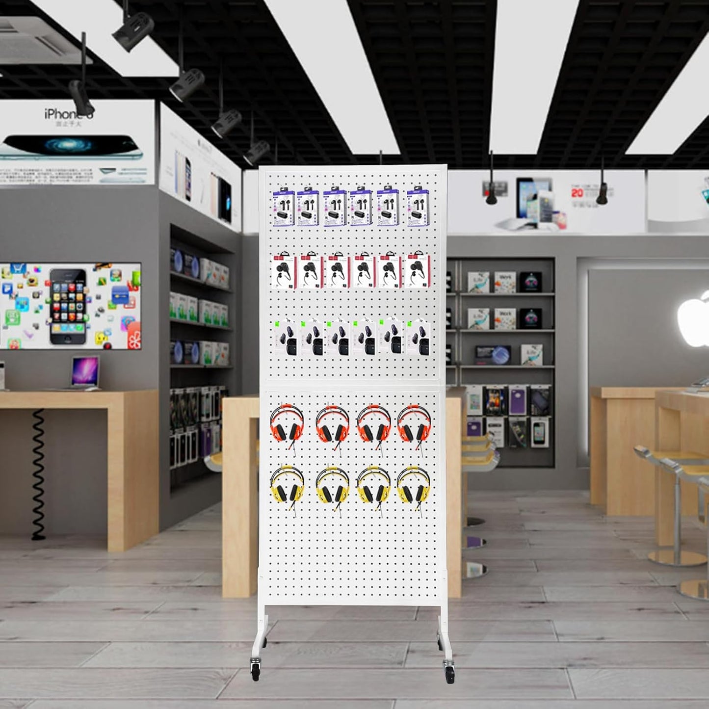 Eastern Tree Metal Pegboard Display Stand 2'x 5' with 30 Hooks, Pegboard Panels Display with Wheels, Peg Board Display Rack, Standing Pegboard Display- White