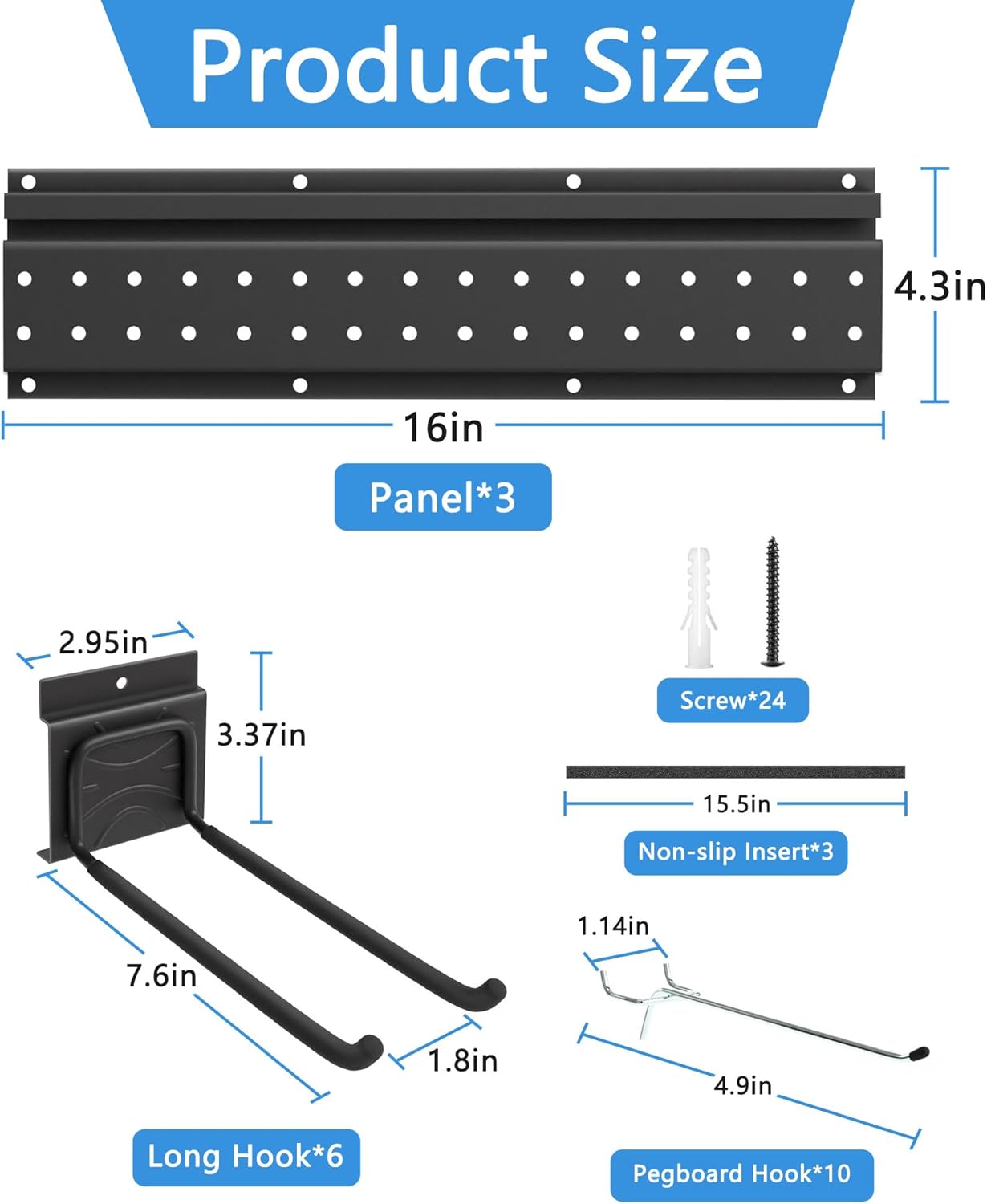 48 Inch Garage Storage Rack, Heavy Duty Wall Mount Organizer with 3 Metal Track Rails and 16 Hooks, Compatible with Pegboard and Slatwall, Black