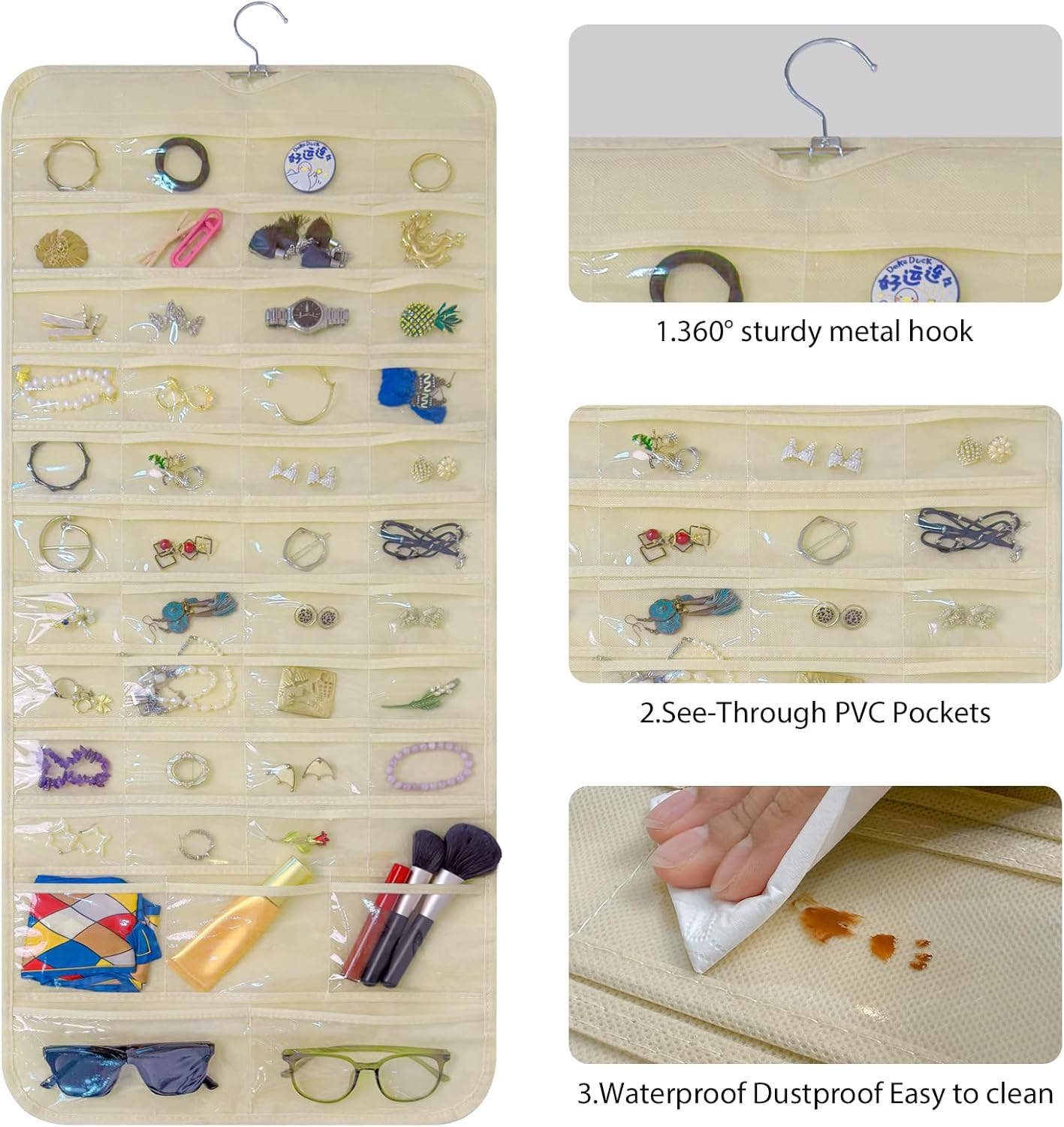 Bloss Hanging Jewelry Organizer With 90 Pockets,Earring Holder Organizer Storage For Valentine's Day Gift,Double-Sided Jewelry Holder for Earrings, Necklaces, Rings on Closet,Wall,Door(Beige)