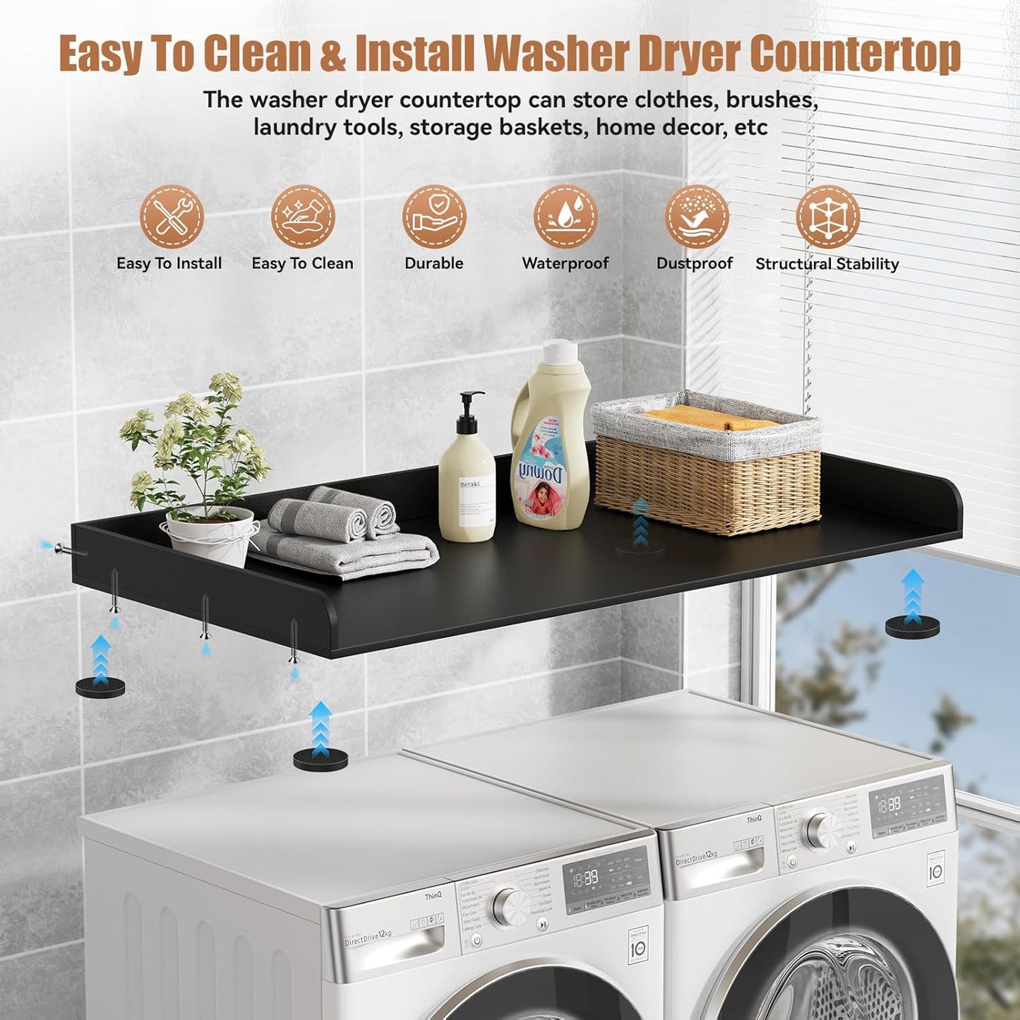 Washer Dryer Countertop, 27.5" D x 54" W Washer and Dryer Topper Covers with Edge Rails, Wood Laundry Room Countertop Shelves for Laundry Room Organization and Storage (Black)