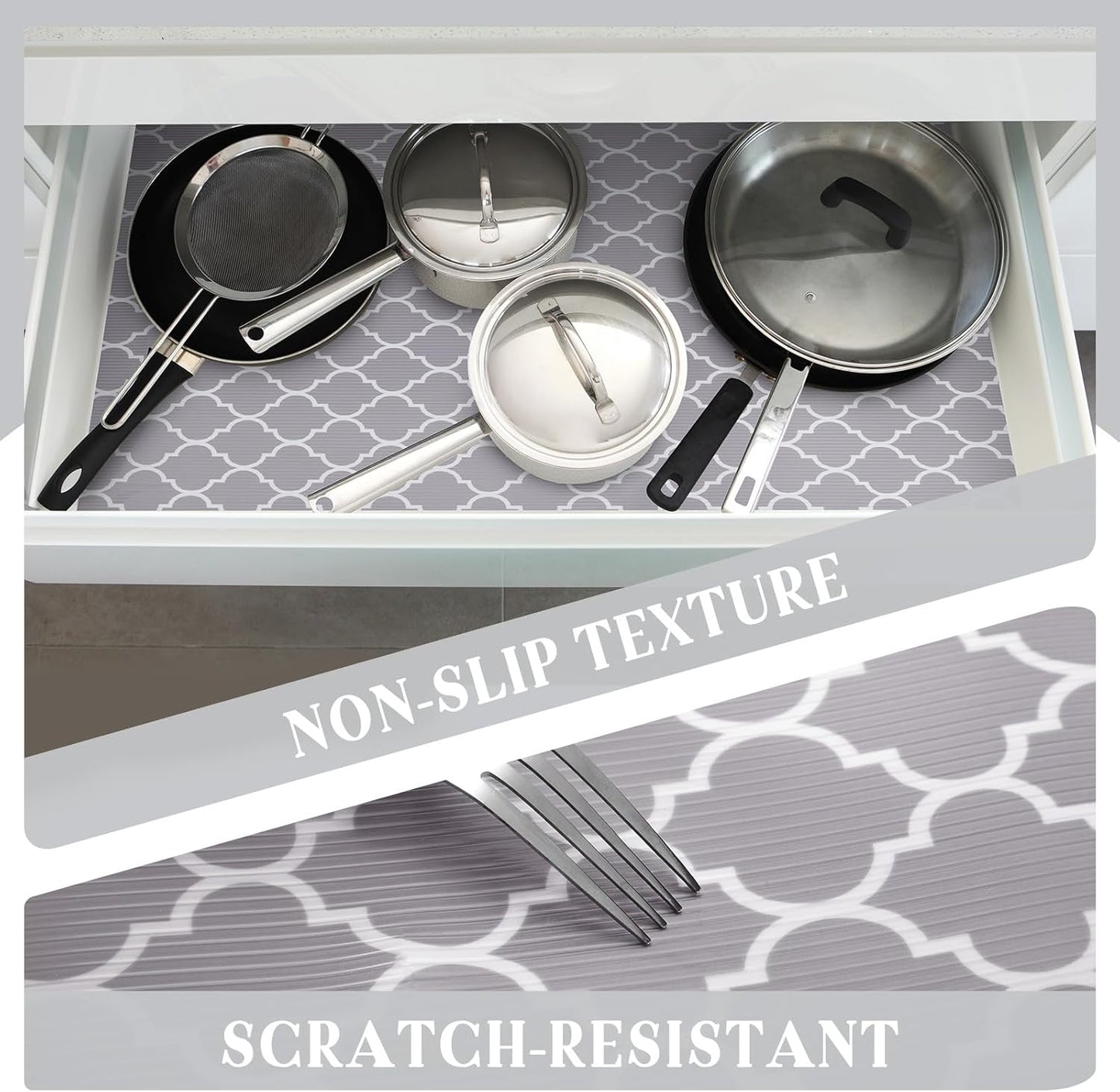 Glotoch 2 Rolls Shelf Liners for Kitchen Cabinets 12”x 20ft, Non Slip Drawer Liner,Waterproof Cabinet Liner for Wire/Pantry/Closet Non Adhesive Table Place Mats, Heavy Duty, Quatrefoil Grey