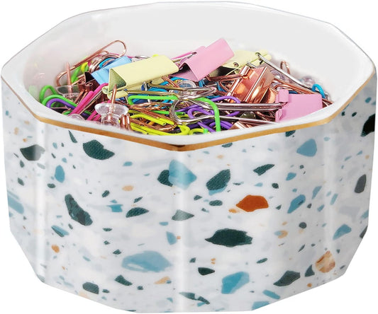 Ceramic Paper Clip Holder Gold Line Paper Clip Dispenser Organizer for Desk Cute Terrazzo Marble Pattern Office Binder Clip Holder Bobby Pin and Hair Clip Holder Gift for Office Blue