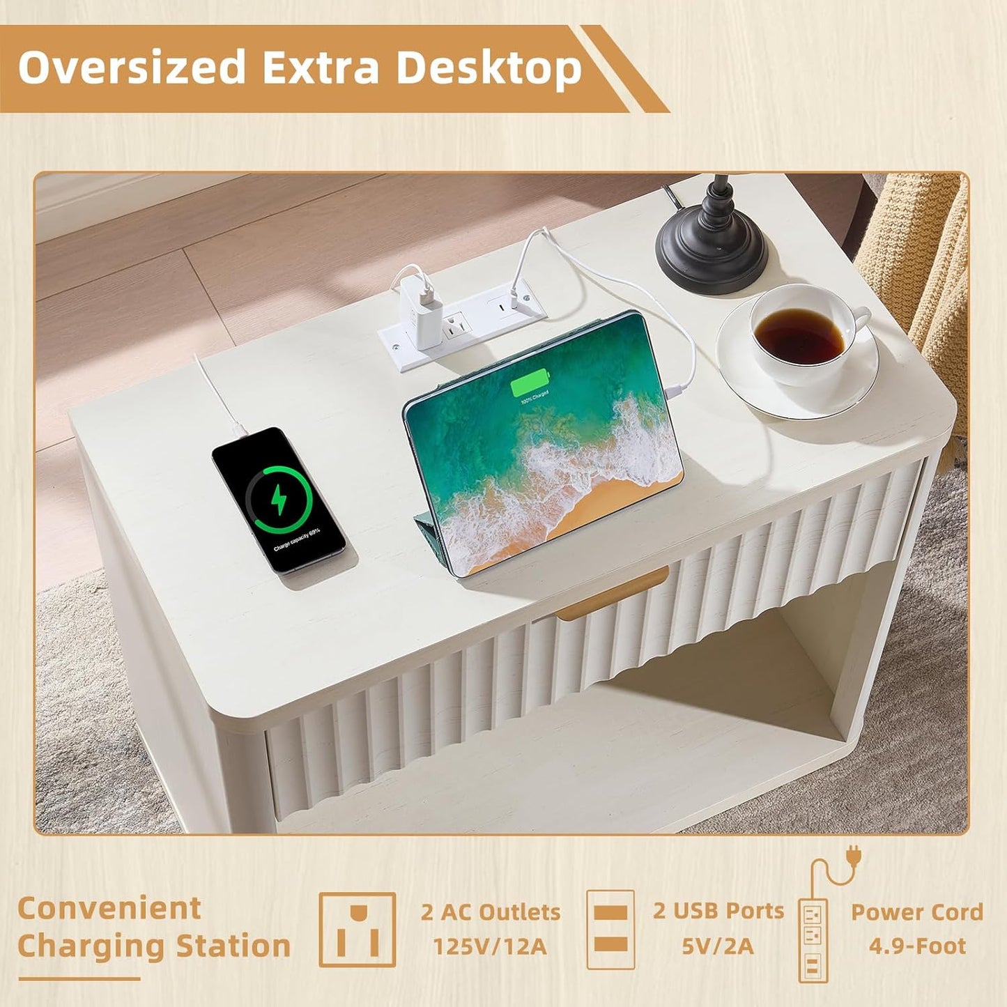 LEYAOYAO 31" Wide Fluted Nightstand Set of 2 with Charging Station, Oversized Extra Large 1 Drawer Night Stand with Golden Handle, White Wood Bedside Table Tall End Tables,for Bedroom, Living Room