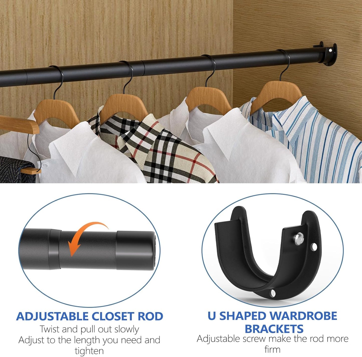 Closet Rods for Hanging Clothes, 17 to 53 Inch Closet Rod, Heavy Duty Adjustable Clothes Hanging Bar Rod Matte Black Closet Poles for Wardrobes, Closet, Bathroom, Windows,1.3 Inch Diameter