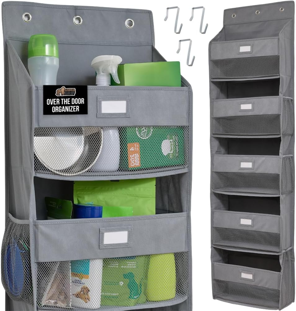 GORILLA GRIP Large Capacity Closet Organizer, 5 Deep Shelves, Holds 50lbs, Over the Door Organizers 6 Mesh Pockets, Shelf Storage for Clothes Crafts Dorm Essentials, 3 Metal Hooks, 58x15 Inches, Gray