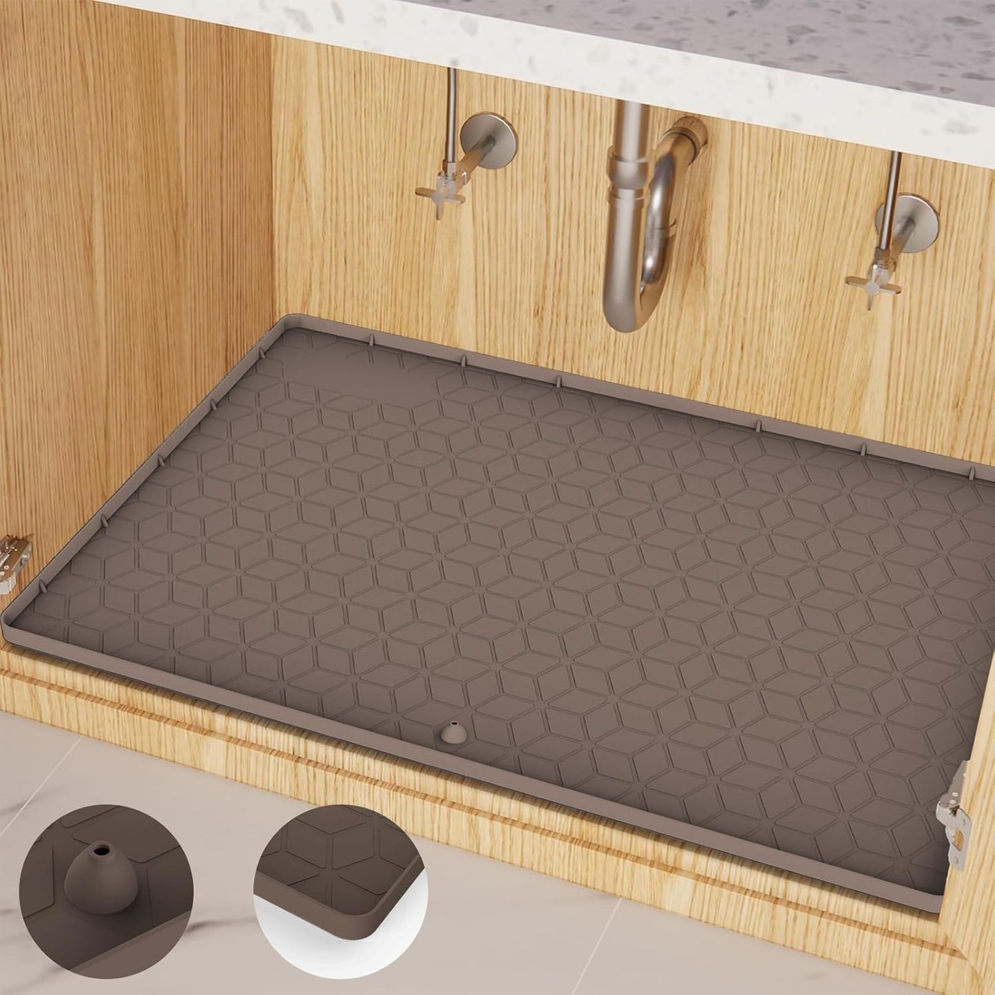 Under Sink Mat for Kitchen, Silicone Waterproof Liner with Drain Hole, Flexible Cabinet Organizer Tray, Holds Up to 3.3 Gallons, Easy to Clean (Brown, 34x22)