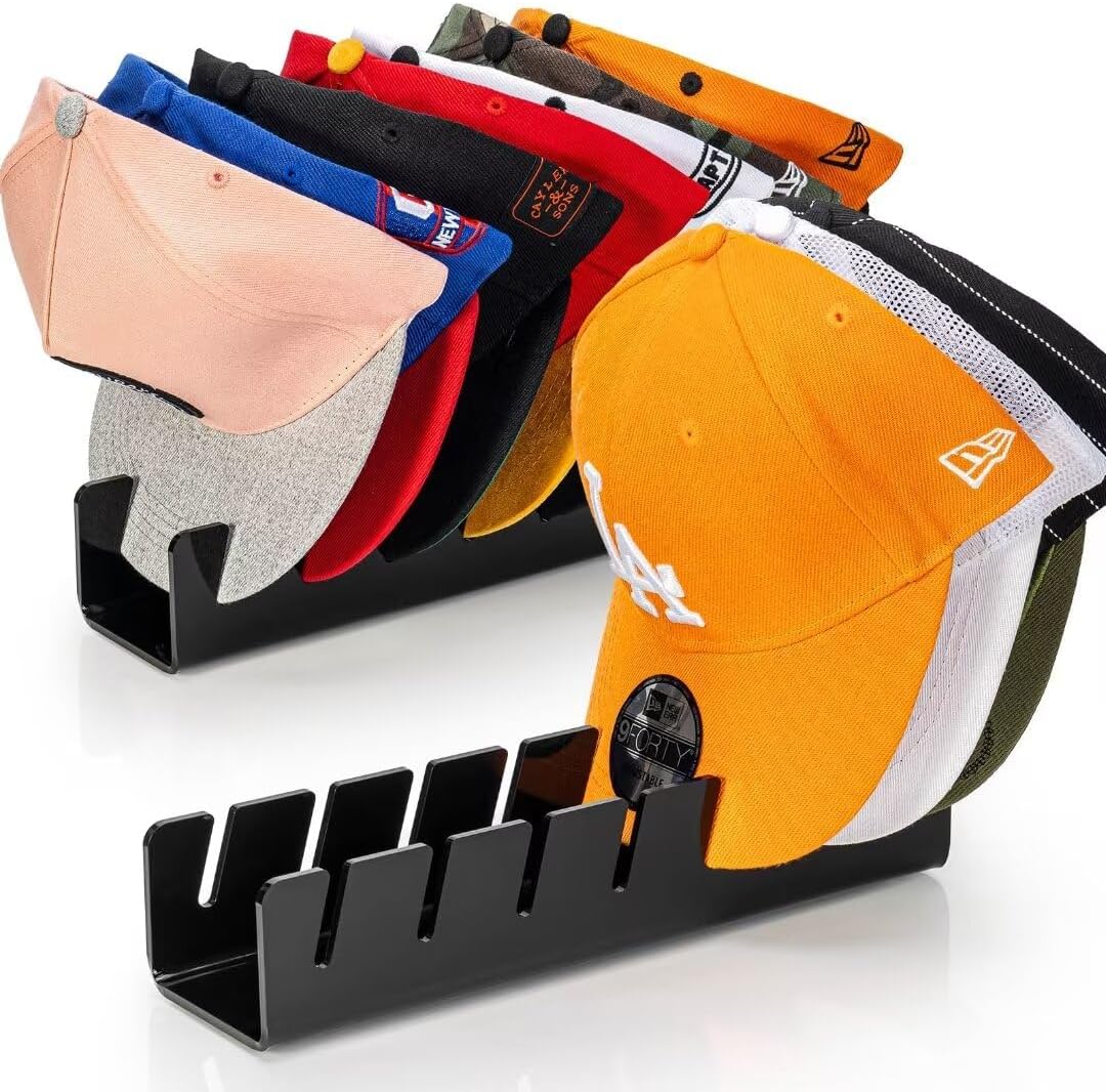 OAPRIRE Hat Stand for Baseball Caps Display and Organizer, No Install Acrylic Hat Organizer 2 Pack Holds 14 Baseball Caps for Closet, Bedroom, Dresser (Glossy Black)
