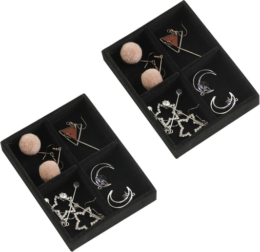 Frebeauty Small Jewelry Tray Set,Stackable Velvet Jewelry Organizer Tray,Mini Jewelry Drawer Organizer,Drawer Inserts,4.92 x 3.74 x 0.9 Inches,4 Grid Earring Organizer for Women(Set 2,Black)