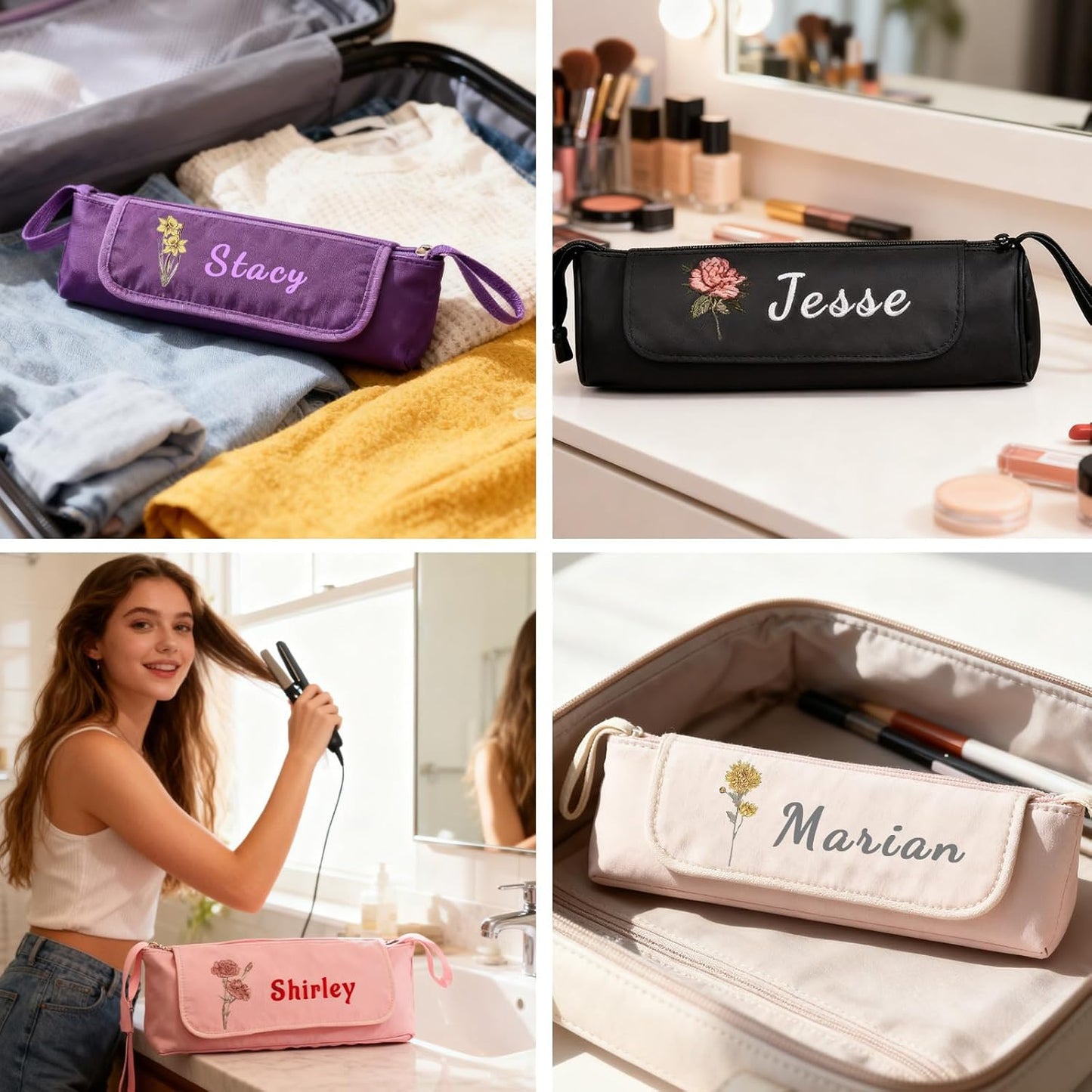Personalized Hair Tool Bags with Heat Resistant Mat for Curling Iron & Flat Iron, Custom Name & Birth Flower Travel Bag for Hair Tools, curling iron bag for Women & Stylists (Style1)