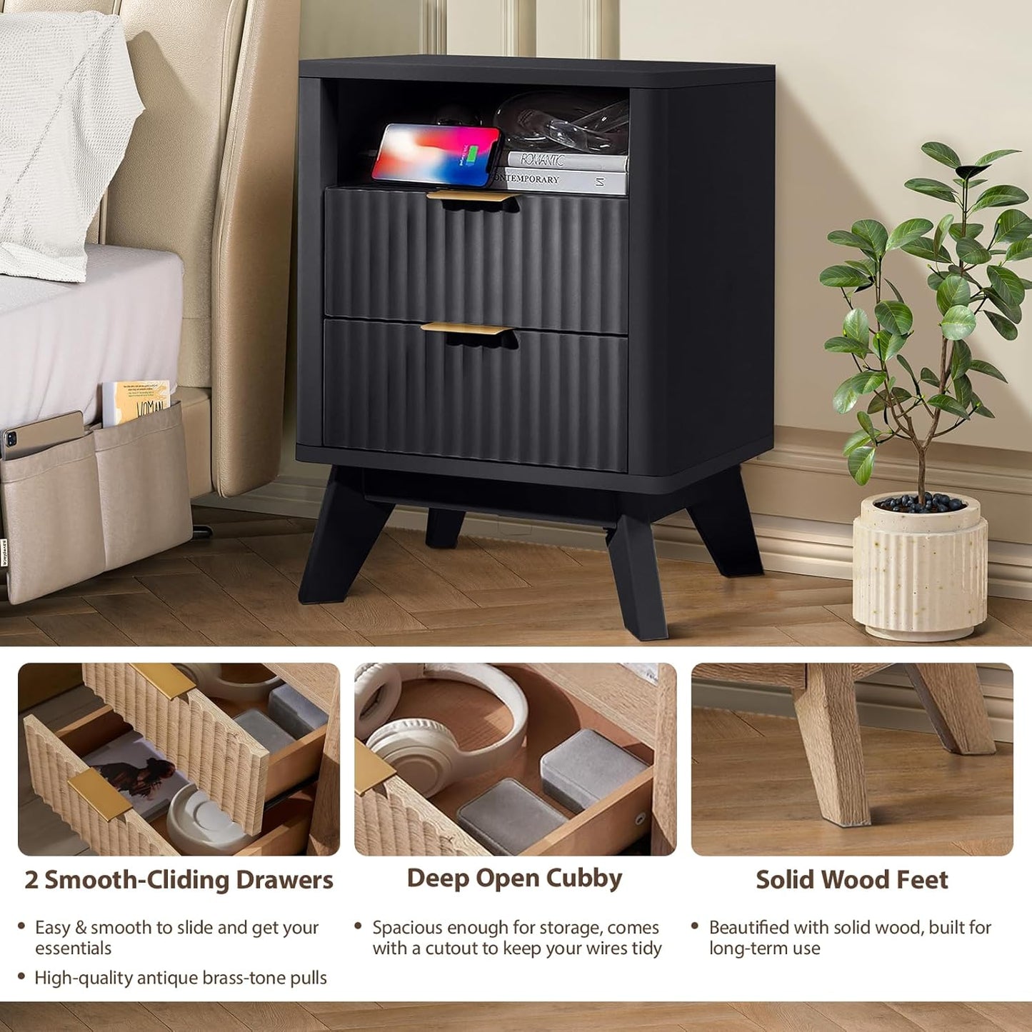 Fluted Nightstand - 24" Modern Bedside Table w/ 2 Drawers, Wood Bed Side End Table with Open Shelf, Night Stand with Storage Drawer, Curved Design Night Stands for Bedroom Living Room (Black)