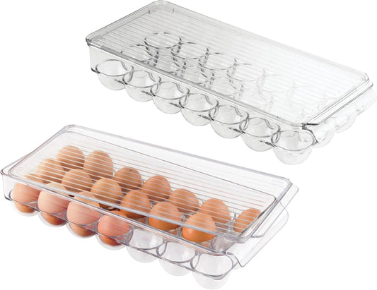 iDesign Clear Plastic Egg Holder for Fridge with Lid - 21 Egg Storage Container Organizer Bin, 2-Pack