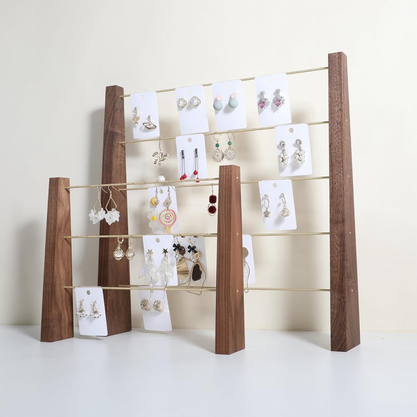 GemeShou 5 Tiers Walnut Earring display stands for selling, Wooden Jewelry Shelf, Earring Storage Organizer, Brass earring holders with 30 PVC cards for stud Dangle Hoop【Walnut 5-Tier】