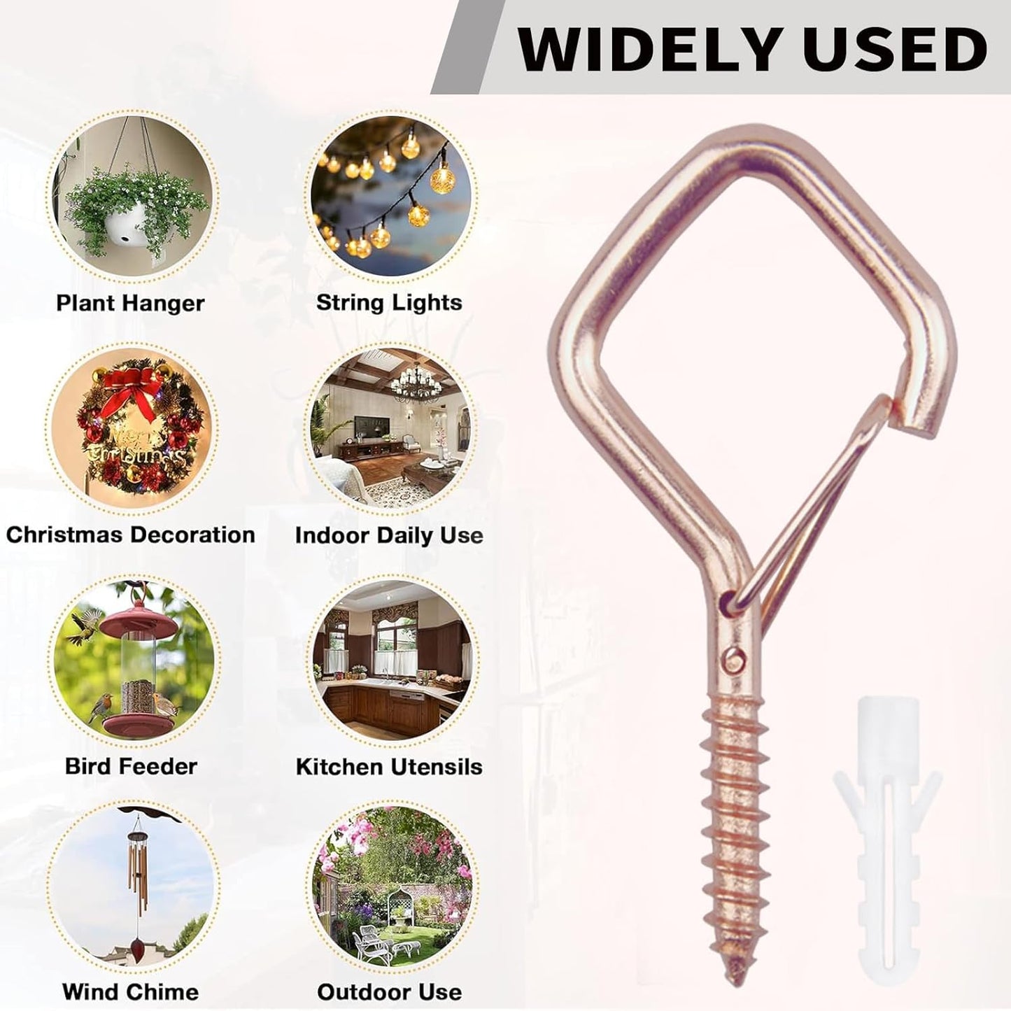100 PCS Rose Gold Eye Screw Hooks for Hanging Heavy Duty with Safety Buckle.Metal Ceiling Hooks for Hanging Plants Cup Wind Chime Bird Feeders Patio Lights at Indoor&Outdoor