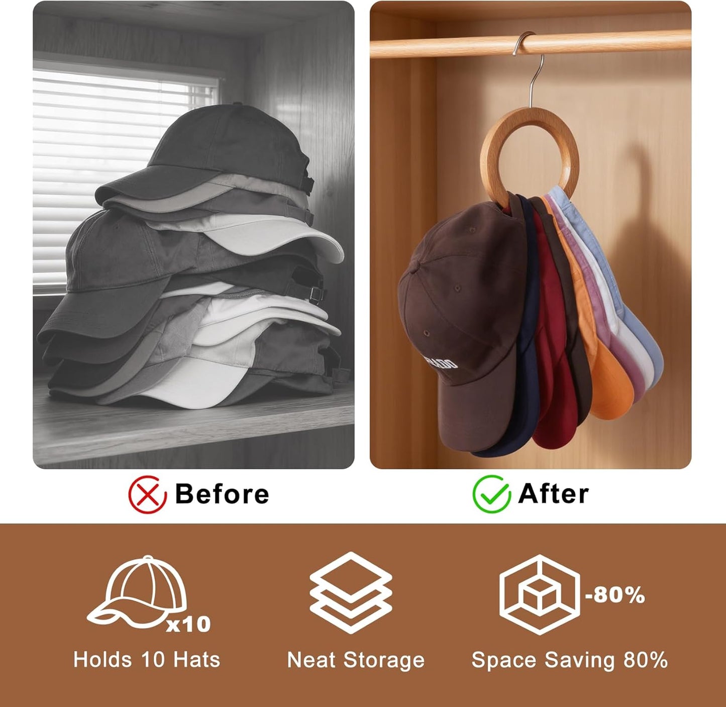 Wood Hat Organizer for Baseball Caps,Magnetic Hat Rack,Belt Hanger for Closet, Multipurpose Closet Hangers for Belts Ties Tank Tops
