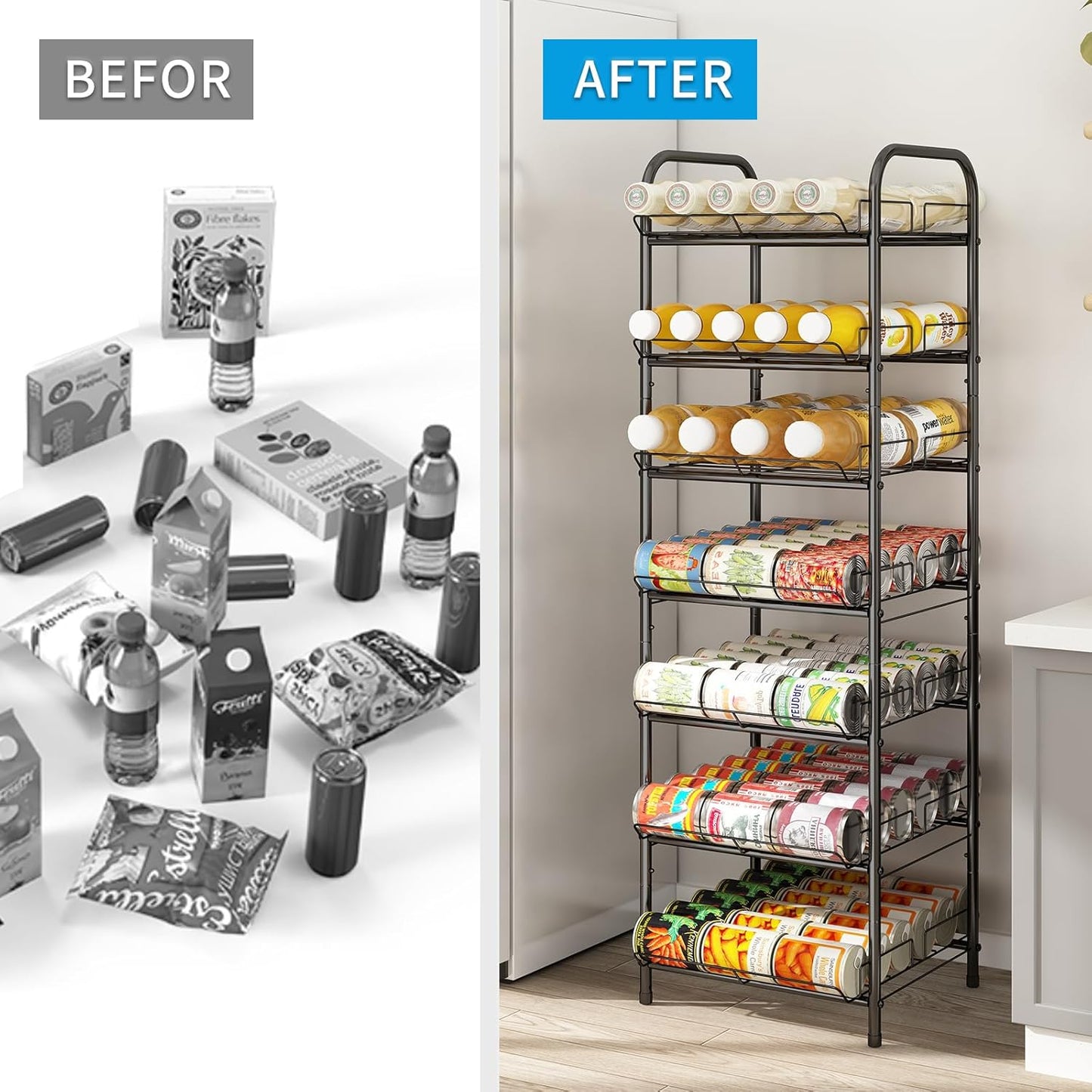 GILLAS 3 5 6 7 8 Tier Drink Organizer, Water Bottle Organizer, Metal Beverage Can Rack, Large Capacity Bottled Rack Water Bottle Holder Stand for Party, Cabinet, Countertop Kitchen, Black