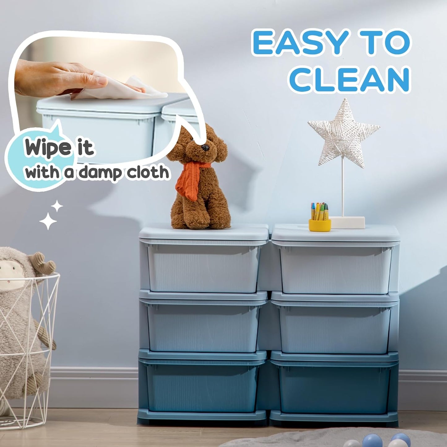 Qaba 3 Tier Kids Storage Unit, 6 Drawer Chest Toy Organizer Plastic Bins for Kids Bedroom Nursery Kindergarten Living Room for Boys Girls Toddlers, Blue