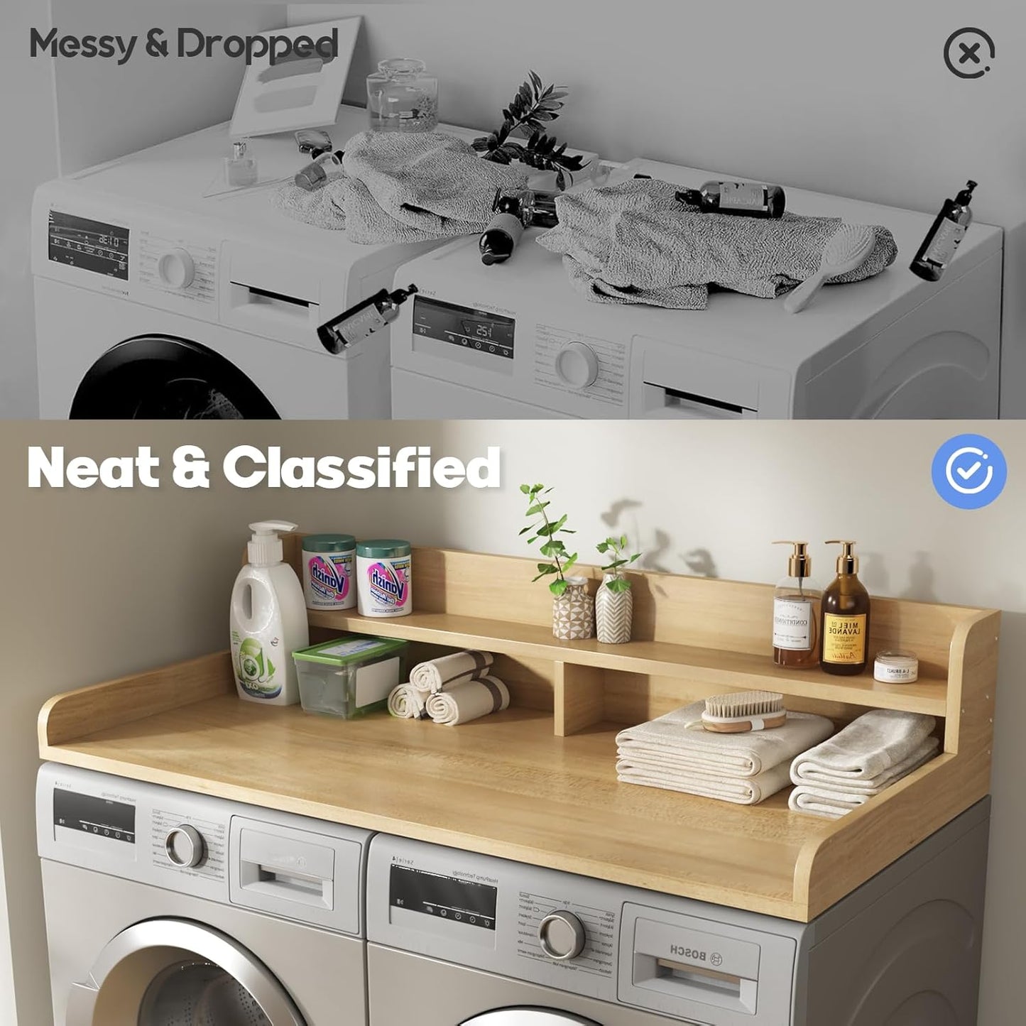 2-Tier Washer and Dryer Countertop with 2.75" H Guard,54" W x 27.5" D Laundry Countertop Cover with Non-Slip Pad,Large Space Laundry Topper for Folding Clothes Over Washer-Pure Wood Color