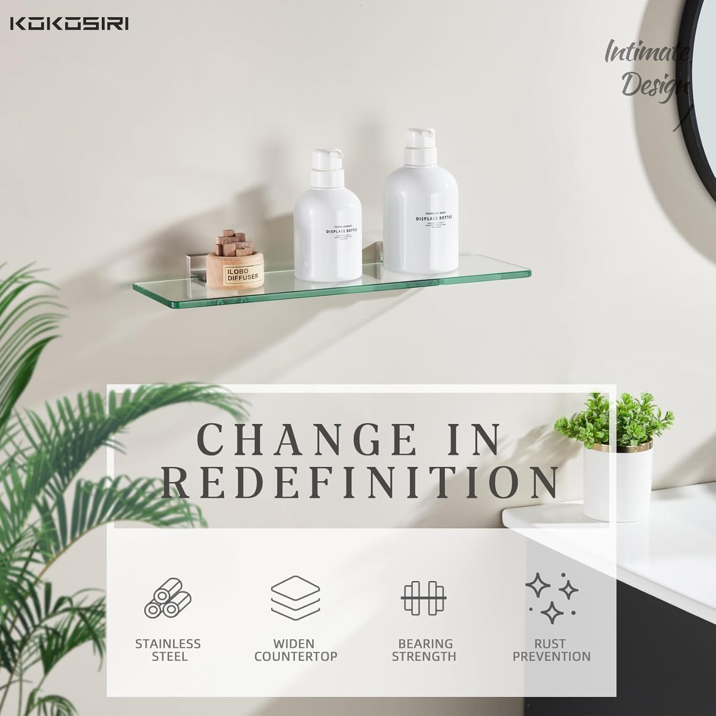 KOKOSIRI Wall Shelves Floating Bathroom Glass Shelf for Kitchen Storage, 12'' x 5.6'' Tempered Glass Wall Mounted Brushed Stainless Steel B1106BR-L12