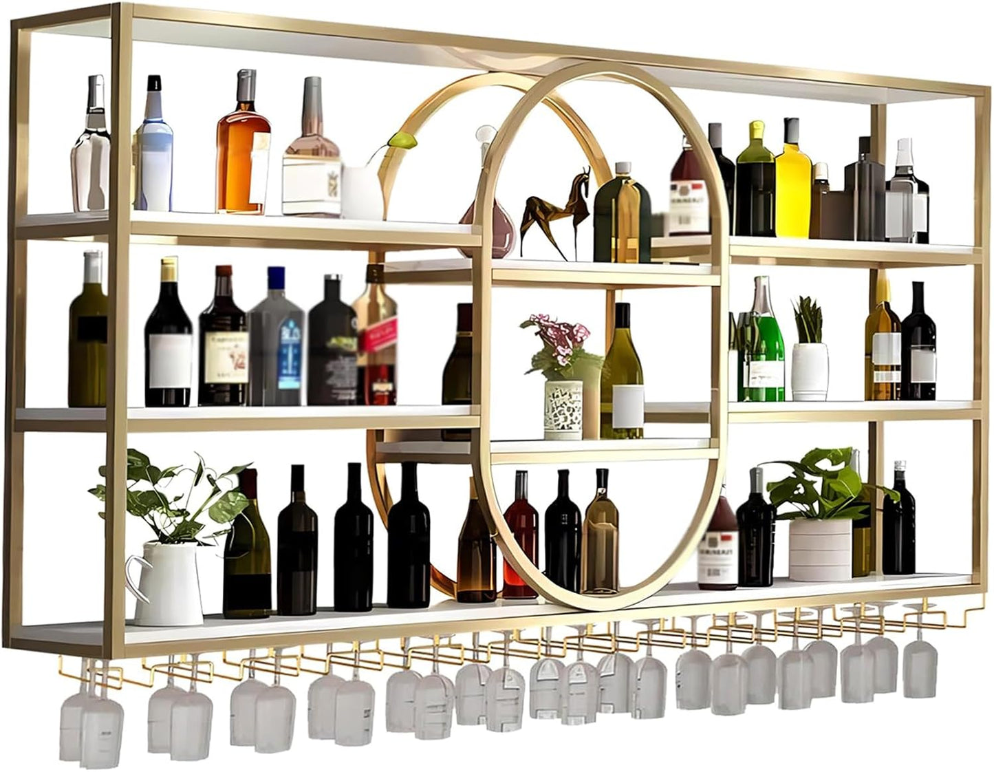 Large Wall Mount Wine Rack, Metal 4 Tier Large Capacity Hanging Bar Rack with Wine Glass Holder, Oval Wine Bottle Storage Display Rack for Kitchen, Living Room, Home (Gold, 47.2in)