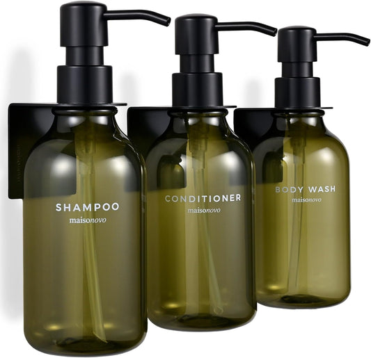 MaisoNovo Shampoo and Conditioner Dispenser - Shower Soap Dispenser Wall Mounted - 16.9 fl oz Set of 3 Green Plastic Bottles Black Pump - Shampoo Dispenser, Shower Dispenser