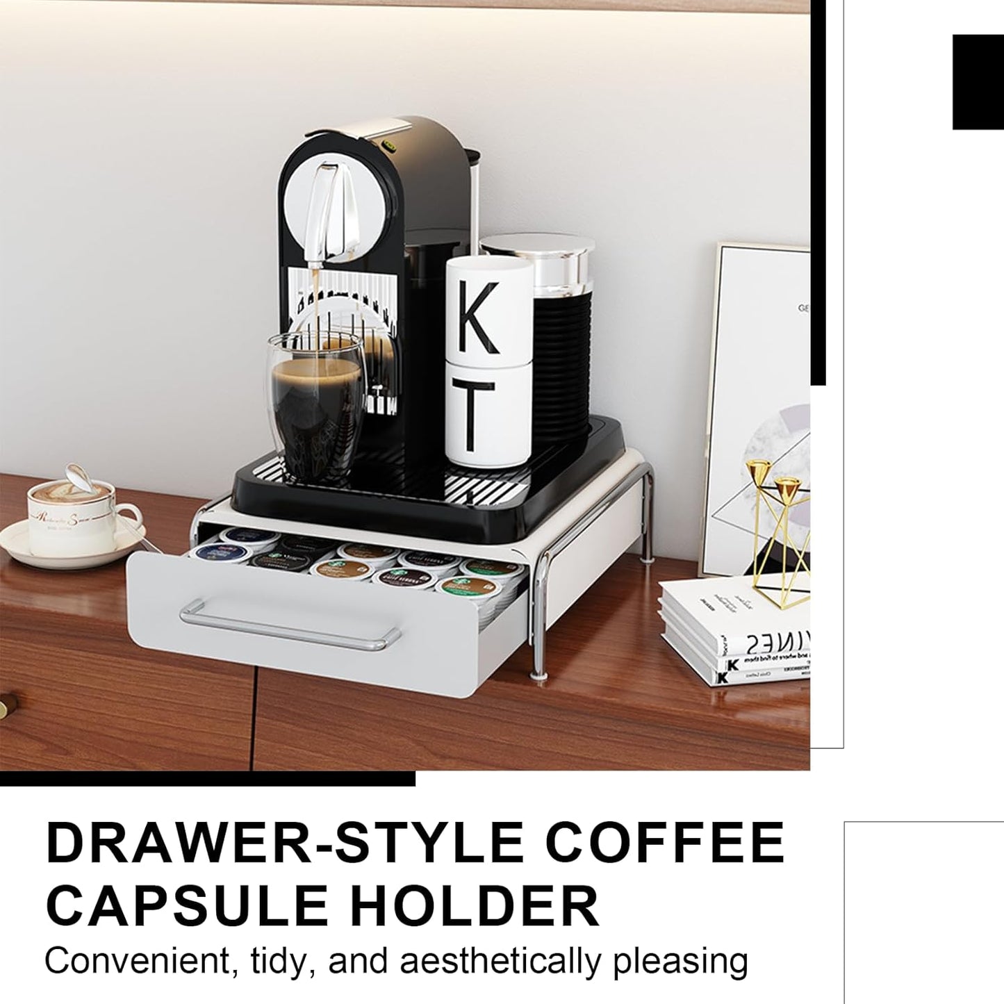 Pod Holder Drawer Capsule Organizer, Pull Out Coffee Pods Storage, Slide Out Drawers Holder for Capsules, Under Brewer Storage Sliding Drawer, Home Kitchen Counter Organization (White, S)