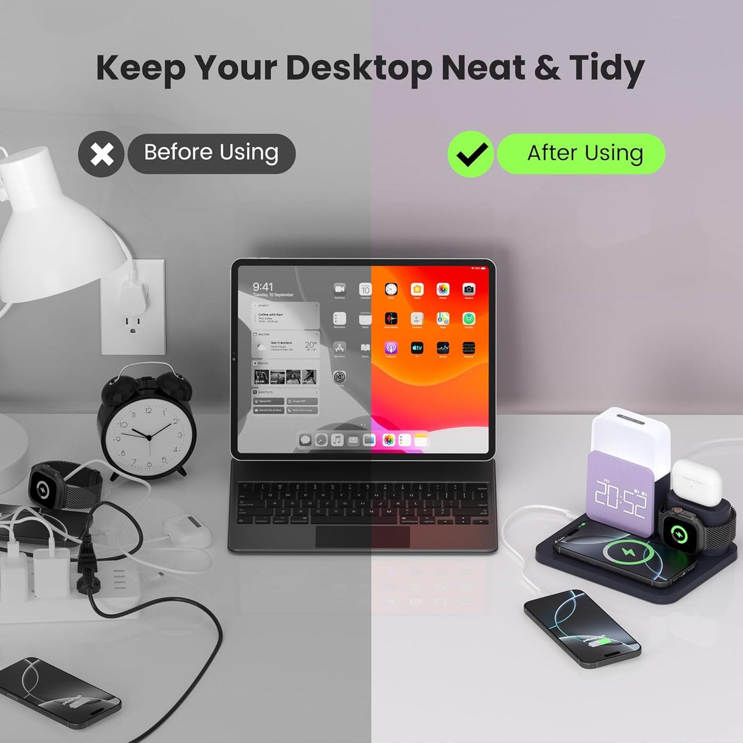 7 in 1 Wireless Charging Station, Alarm Clock with Wireless Charger for Bedrooms, Magnetic Charger with Night Light Bedside Clock for iPhone 17 16 15 14 13 12 Pro Max, Apple Watch, AirPods