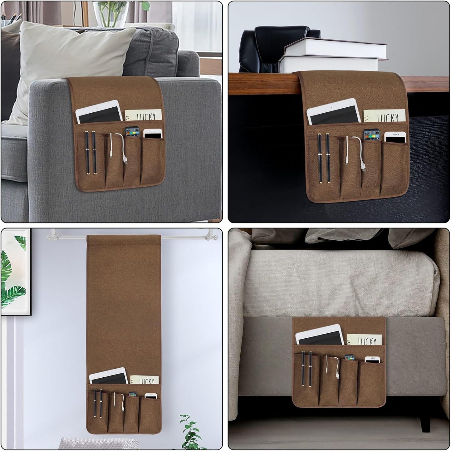 NB Sofa Armrest Organize remote holder bedside caddy organizer with 5 pockets，non-slip couch remote control holder couch armchair caddy accessories (Flaxen, 35"x12.4")