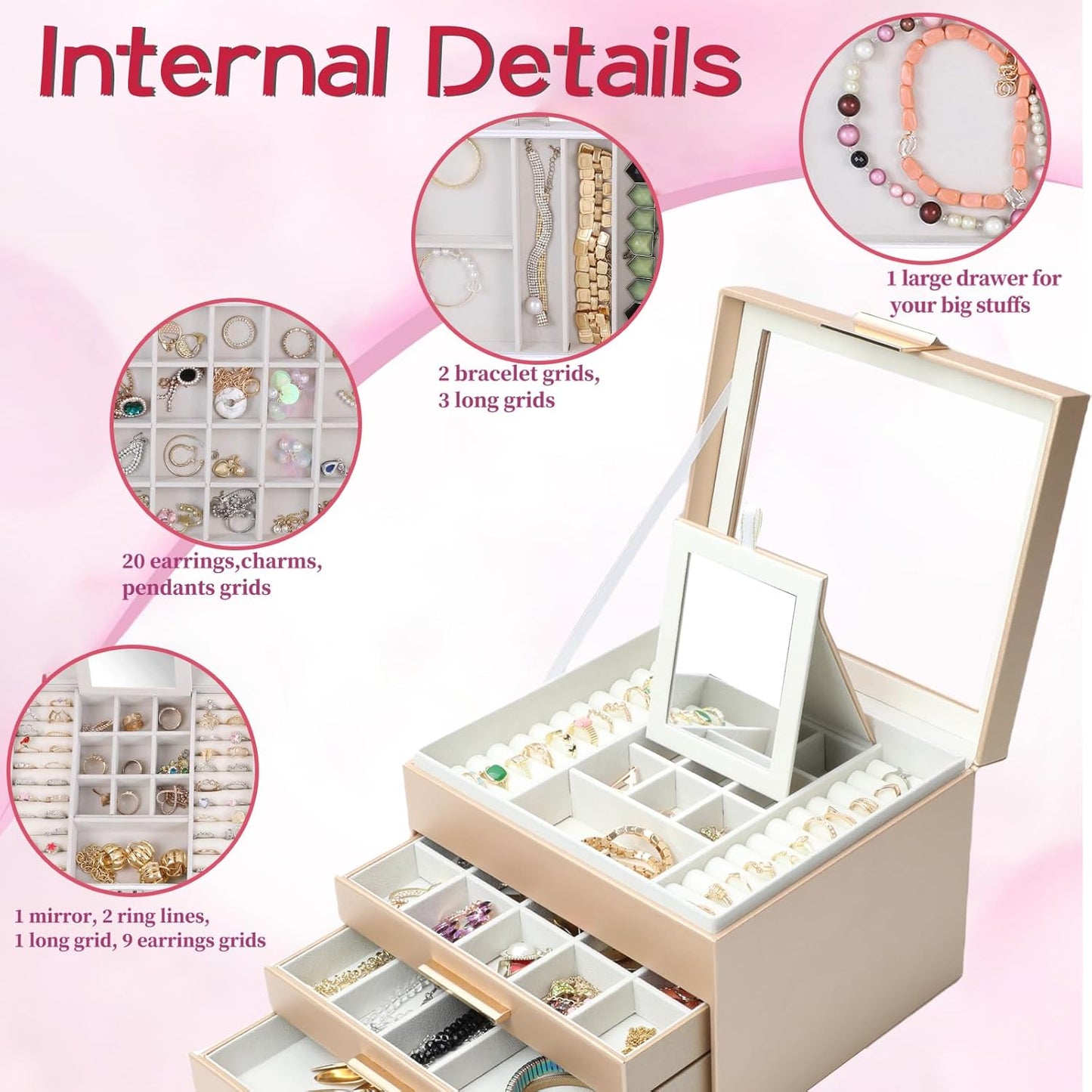 BOOVO Clear Lid Jewelry Box,4 Layers Jewelry Organizer Large Jewelry Storage Box with 3 Drawers,Jewelry Holder Organzier of Rings Earrings Necklace Bracelets for Women (Champagne, 4 Layer)